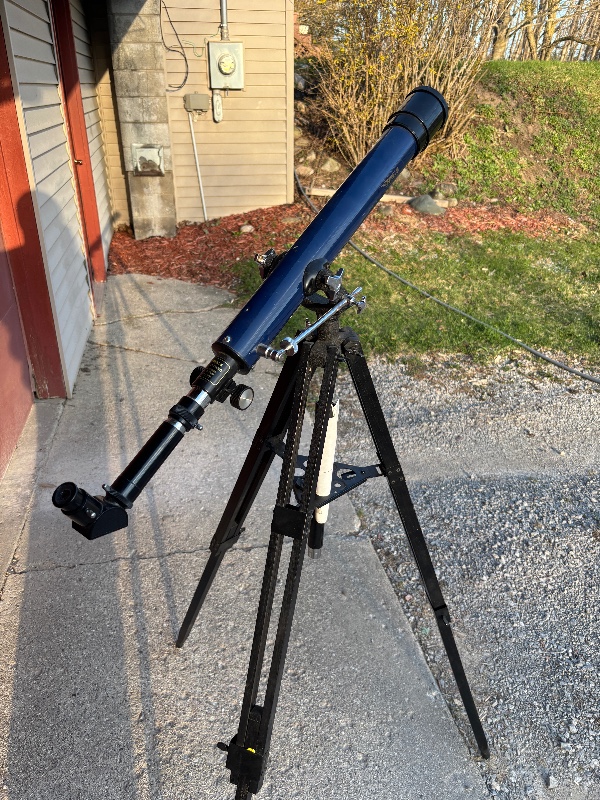 Vintage Blue Refractor Telescope on Tripod with Eyepiece