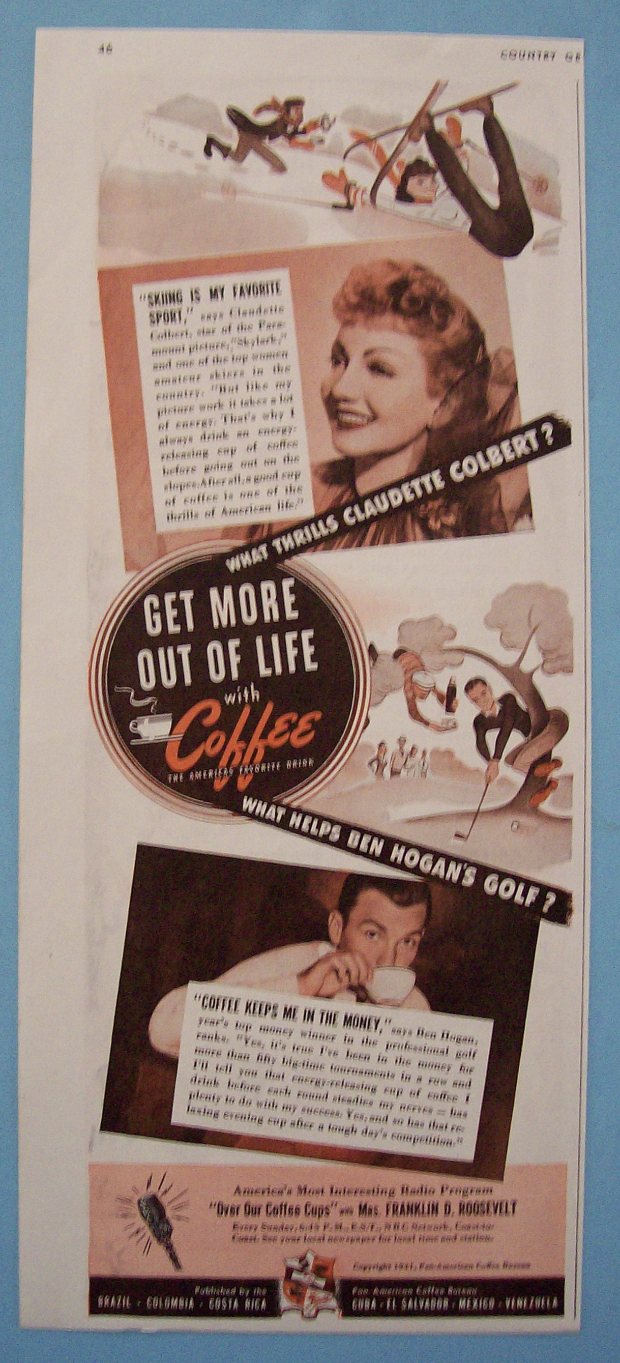 Vintage Ad: 1942 Coffee w/Ben Hogan & Claudette Colbert