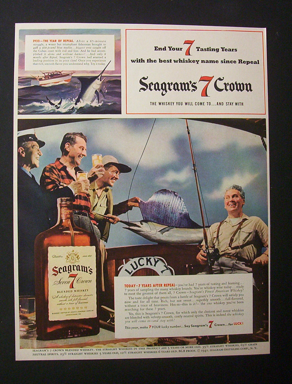 1941 Seagram's 7 Crown with Men Drinking With Big Fish