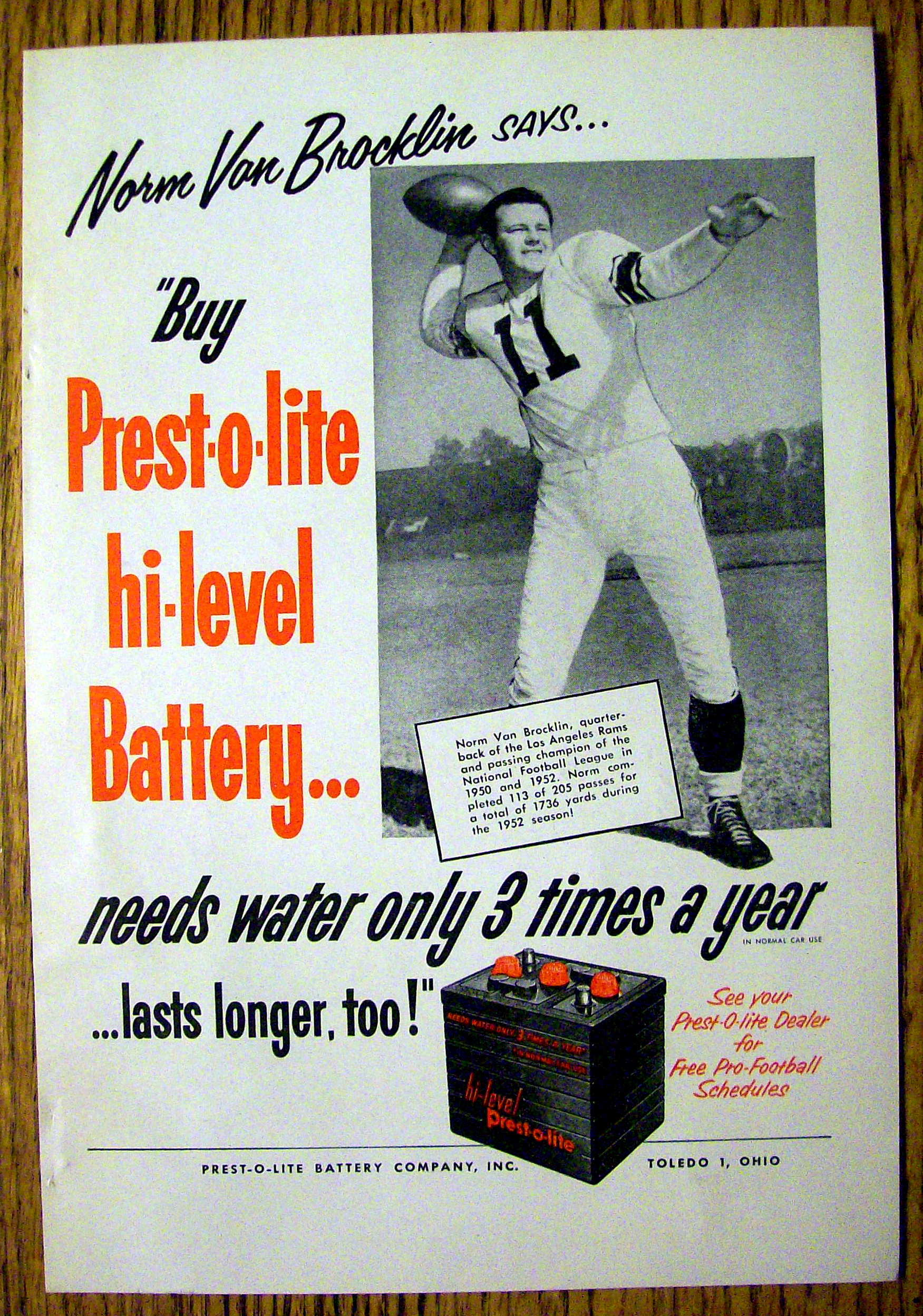 1953 Prest -O- Lite Battery with Norm Van Brocklin