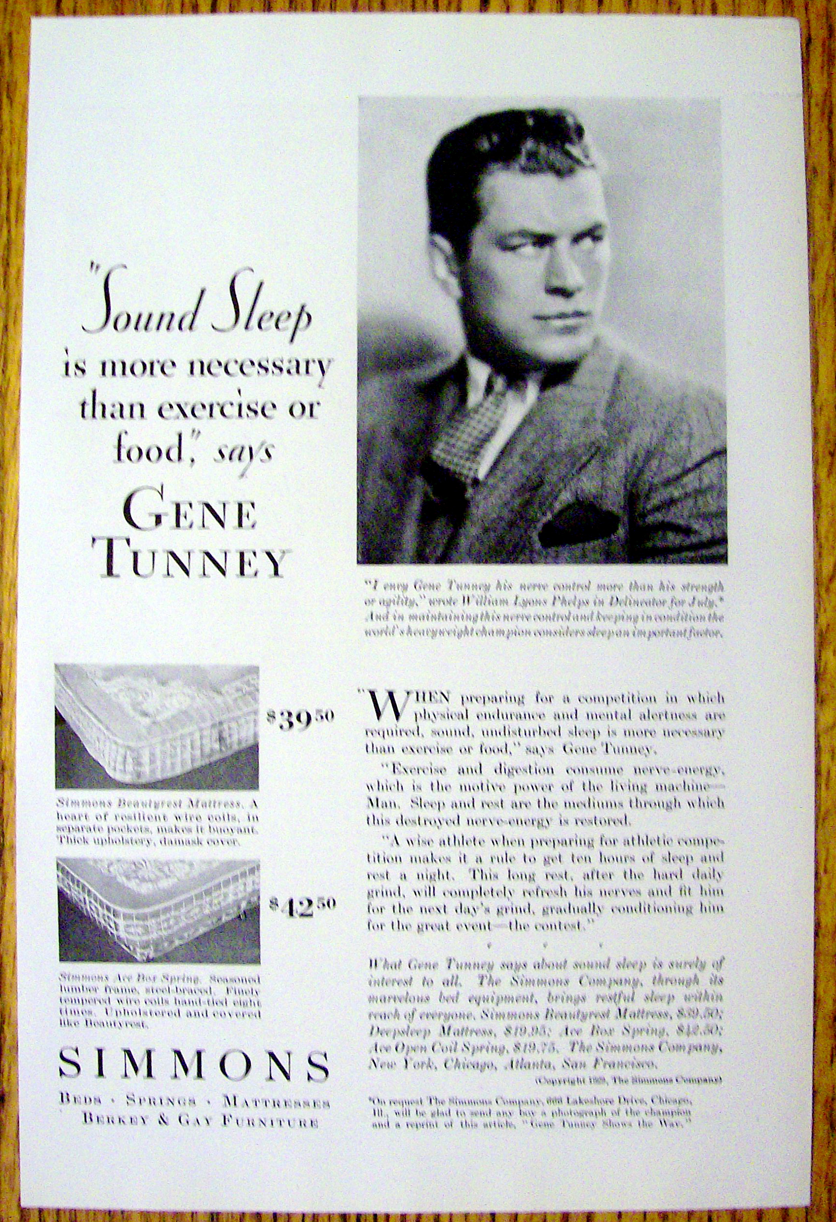 1929 Simmons Mattress with Gene Tunney