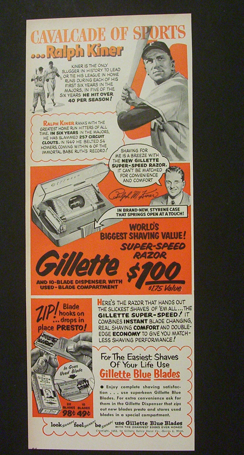 Vintage Ad1952 Gillette Super-Speed Razor w Ralph Kiner