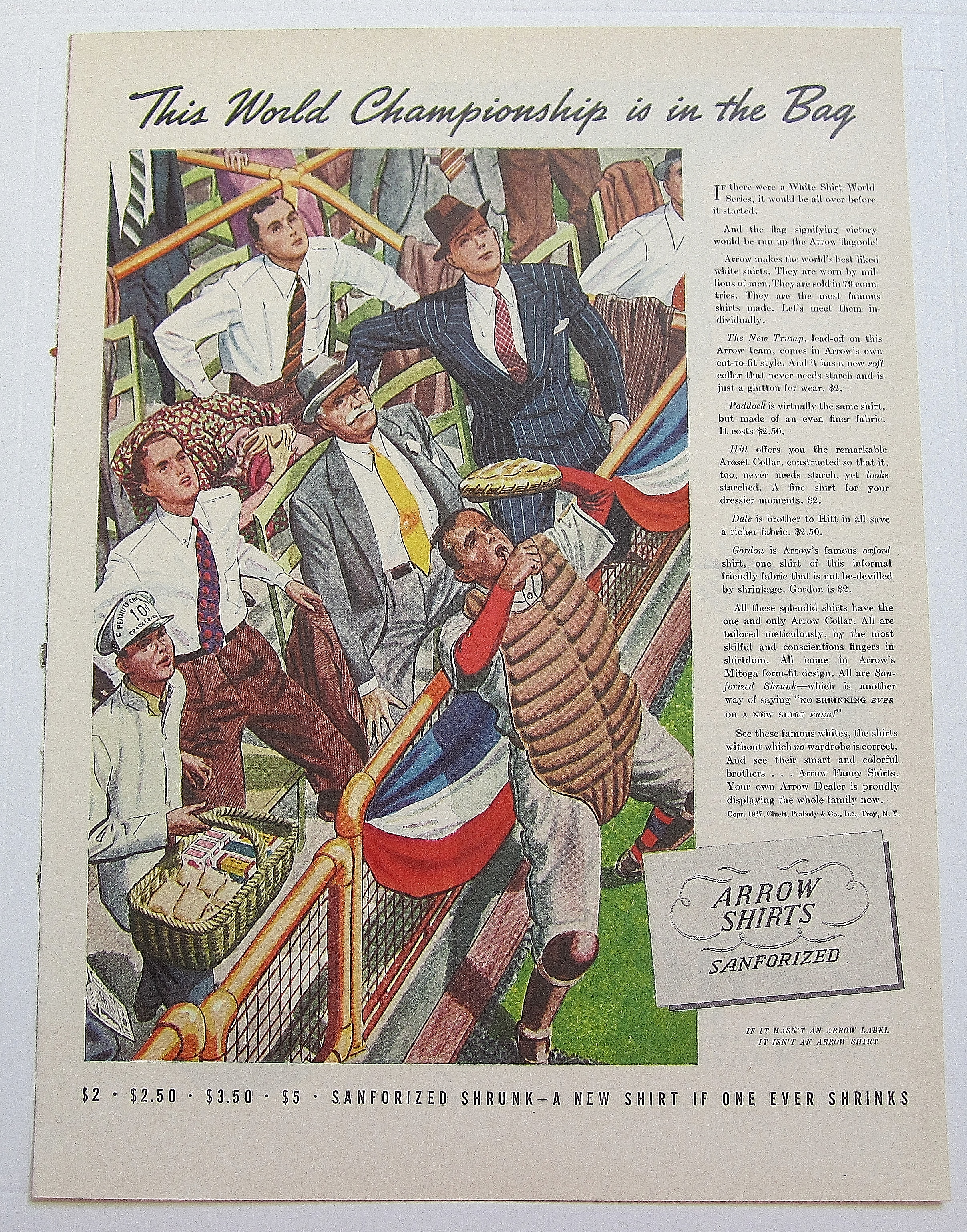 1937 Arrow Shirts w Catcher In The Stands to Catch Ball