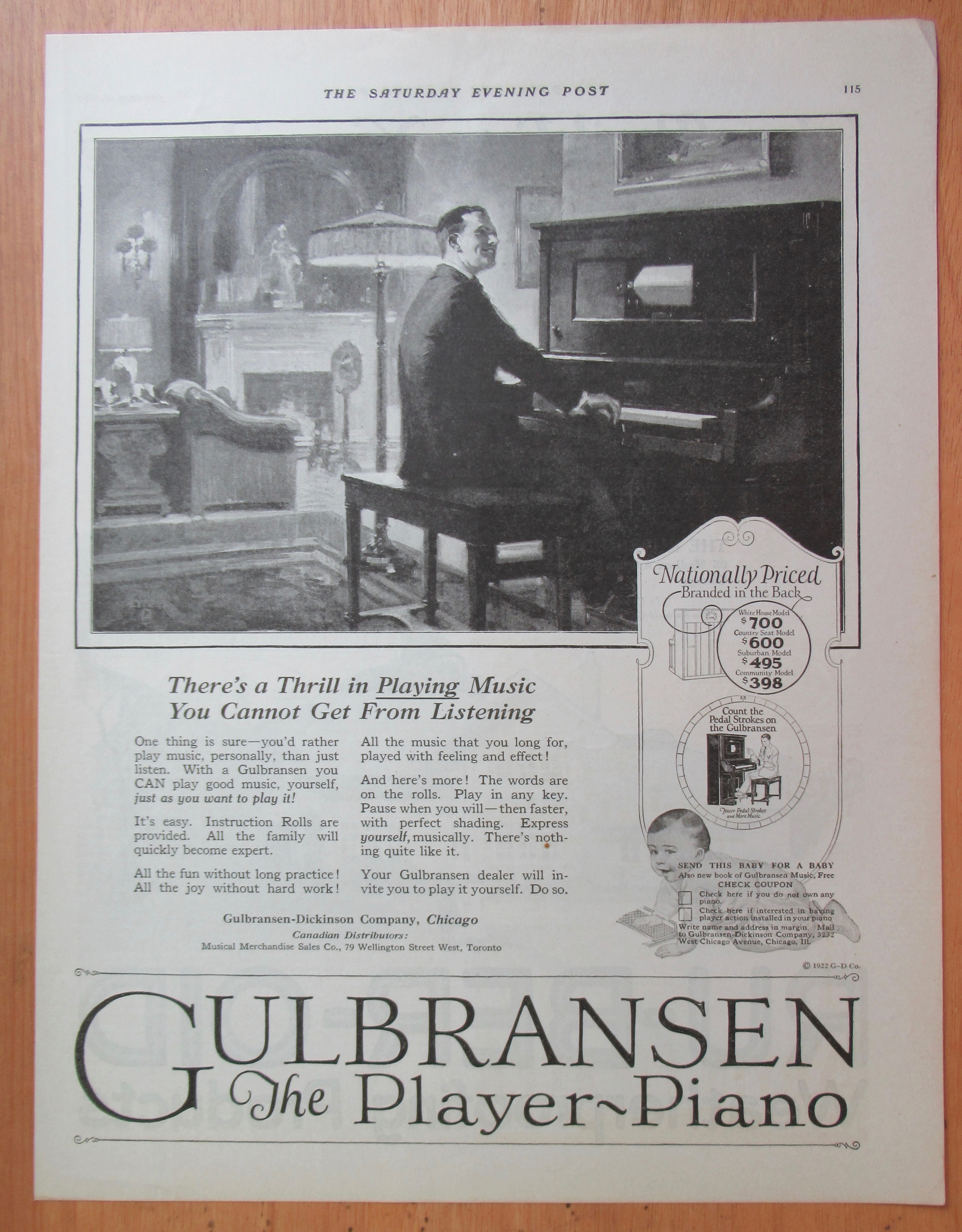 1923 Gulbransen Player Piano with Man Playing Piano