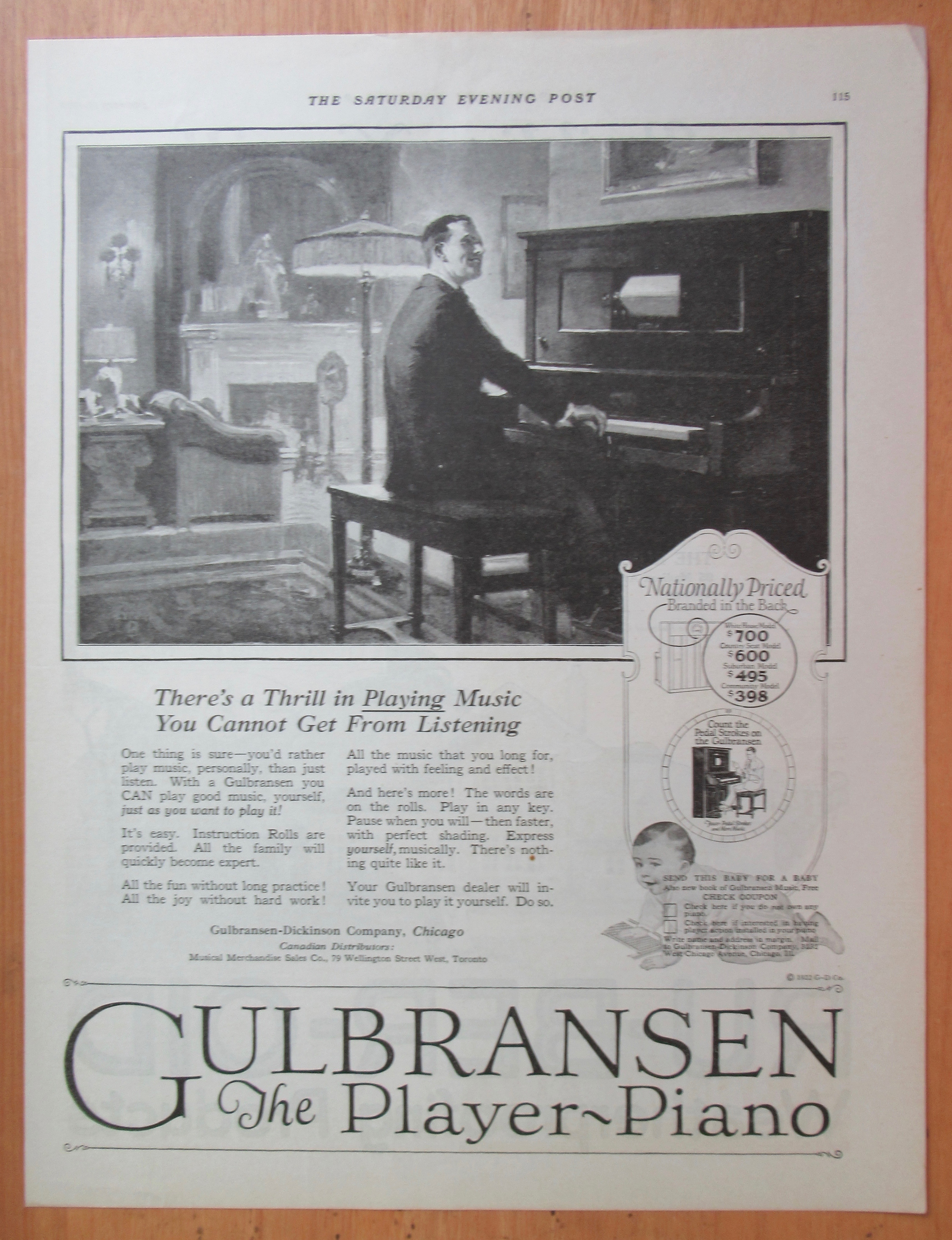 1923 Gulbransen Player Piano with Man Playing Piano