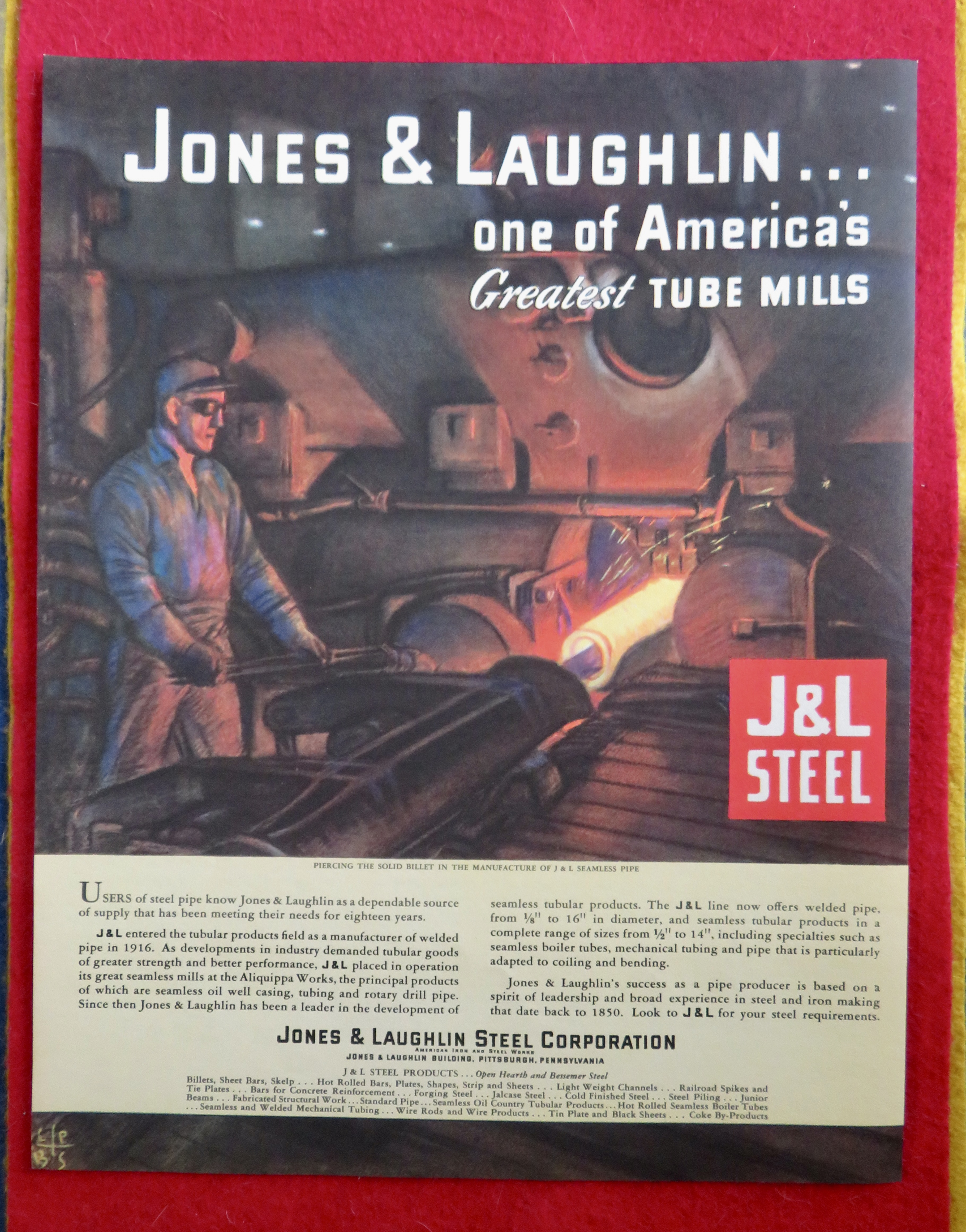 1934 J & L Steel Company with Man Working on Steel Tube
