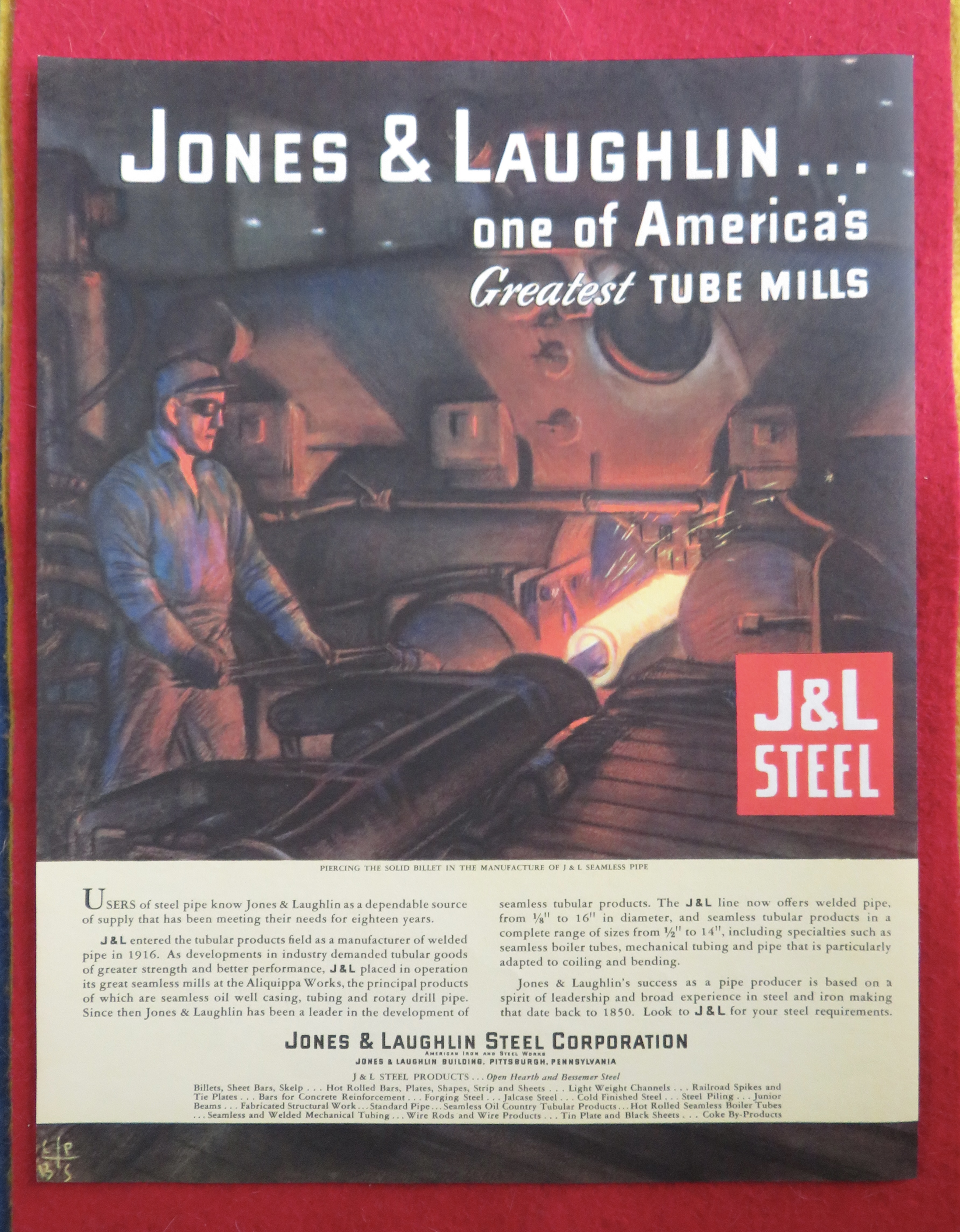 1934 J & L Steel Company with Man Working on Steel Tube