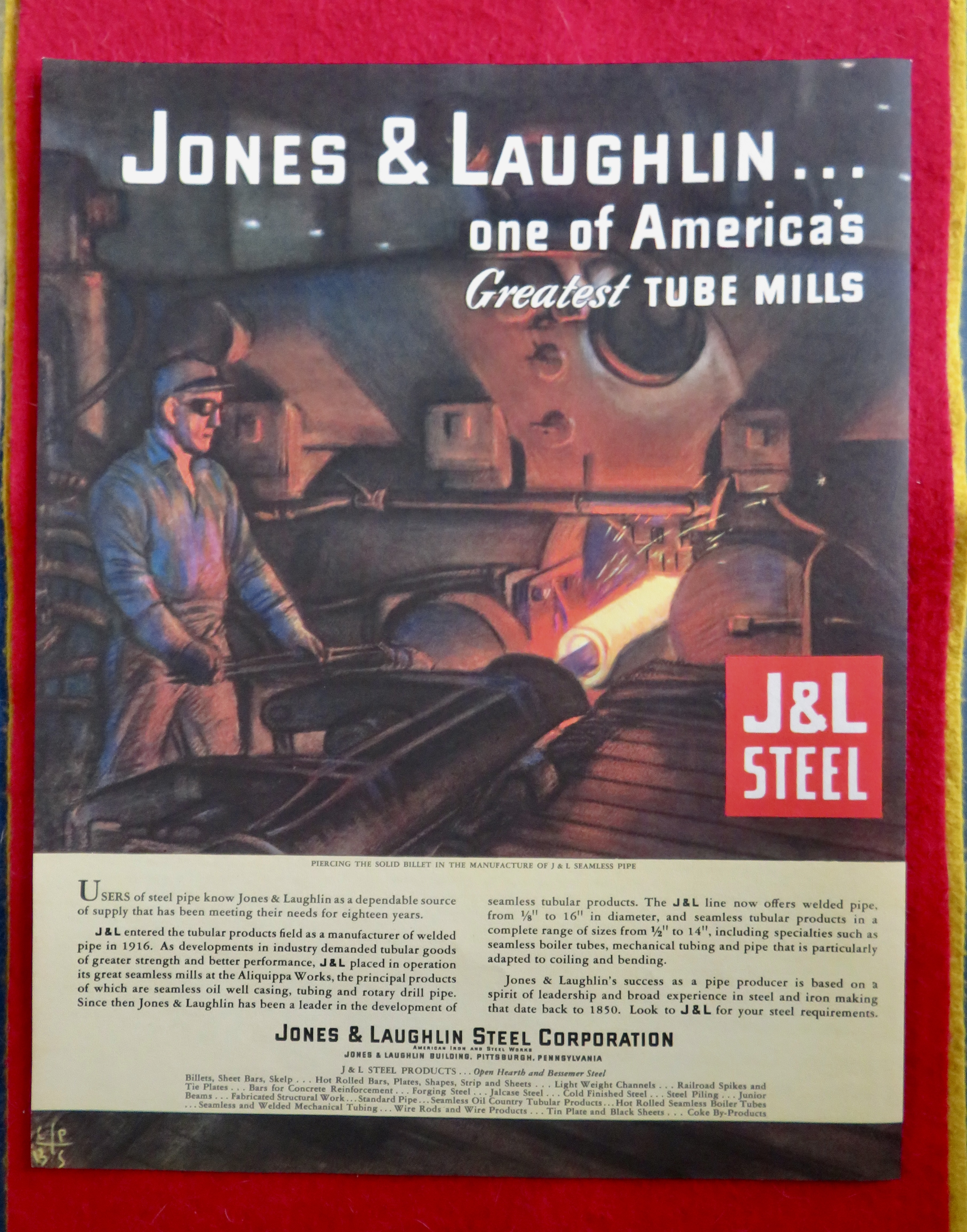 1934 J & L Steel Company with Man Working on Steel Tube