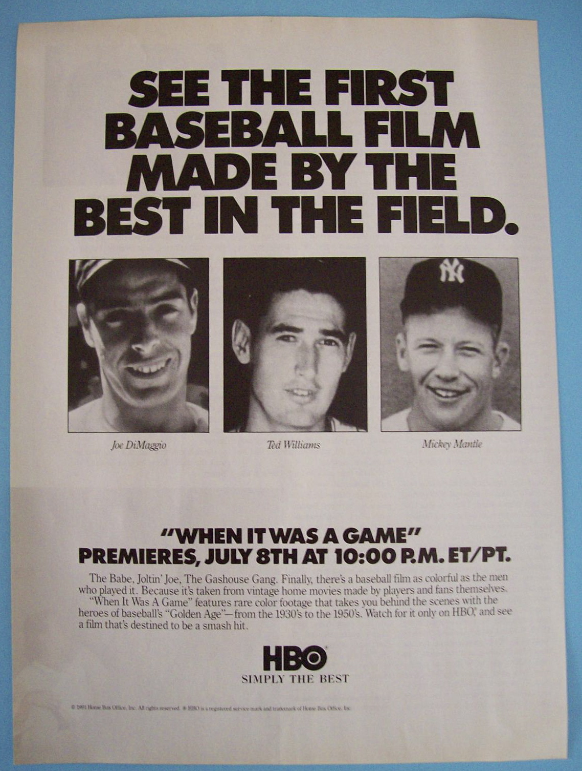 Vintage Ad: 1991 HBO w/ DiMaggio, Williams & Mantle