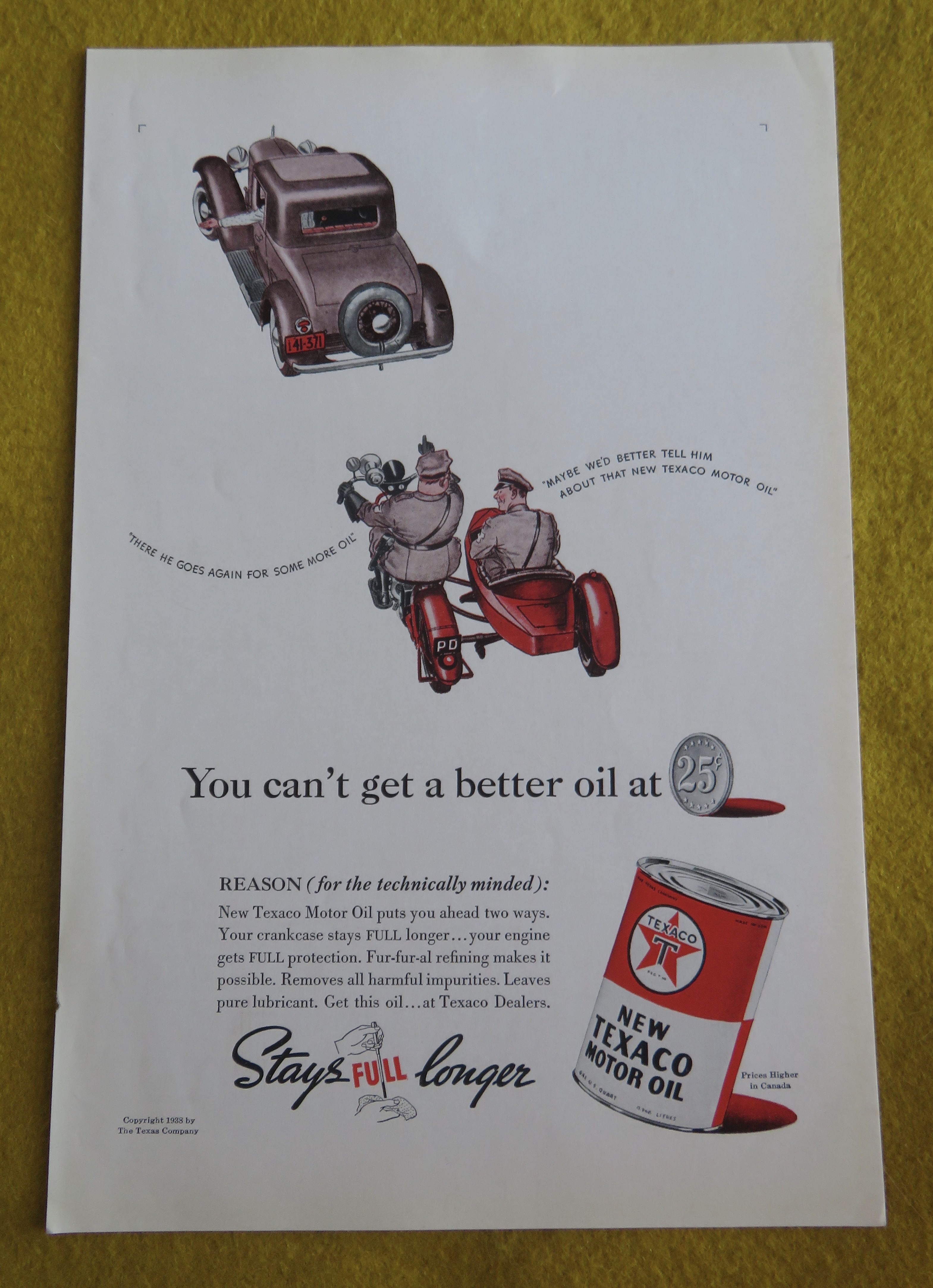 1938 Texaco Motor Oil with Cops Pulling Over a Car
