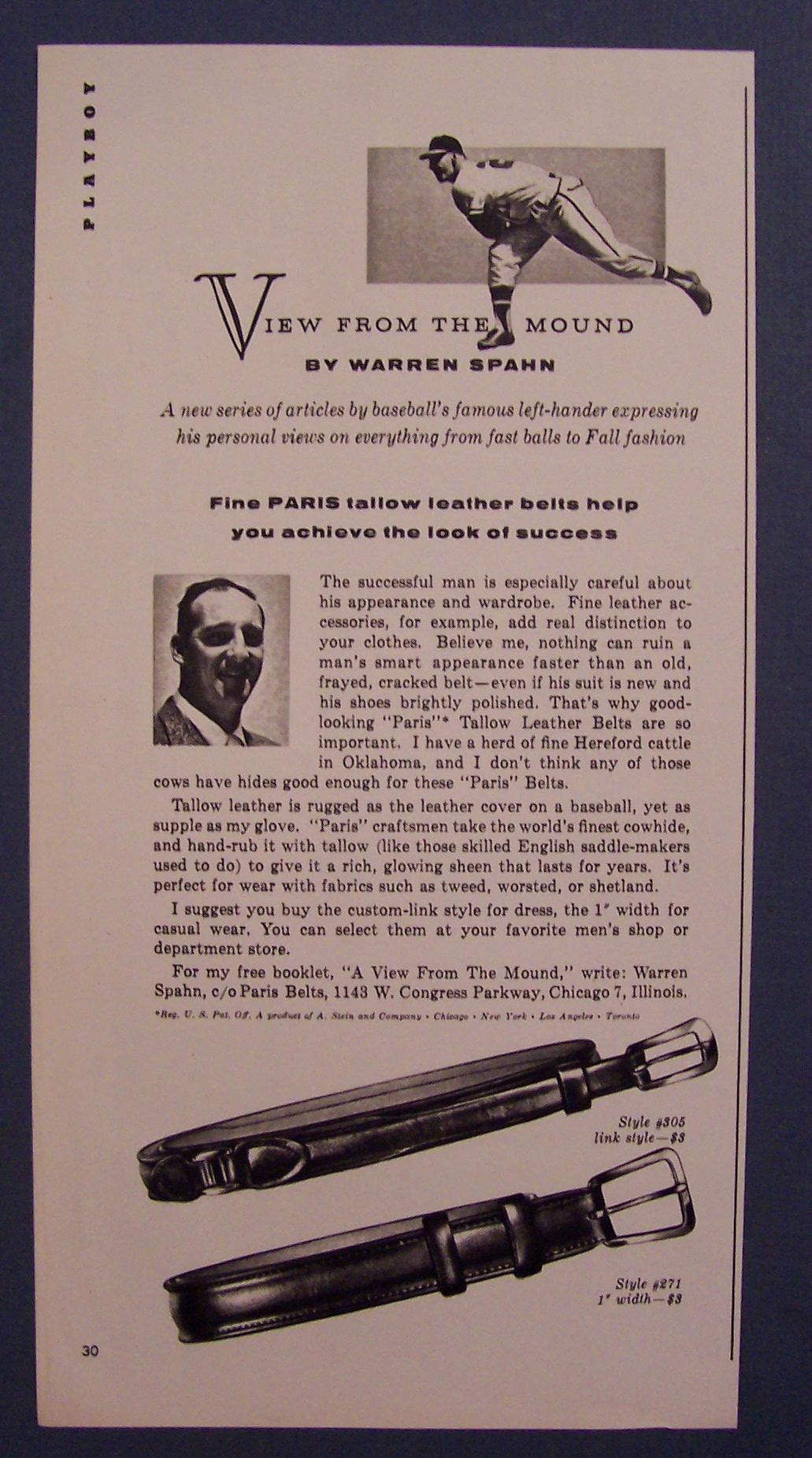 1960  Paris Tallow Leather Belts w/  Warren  Spahn
