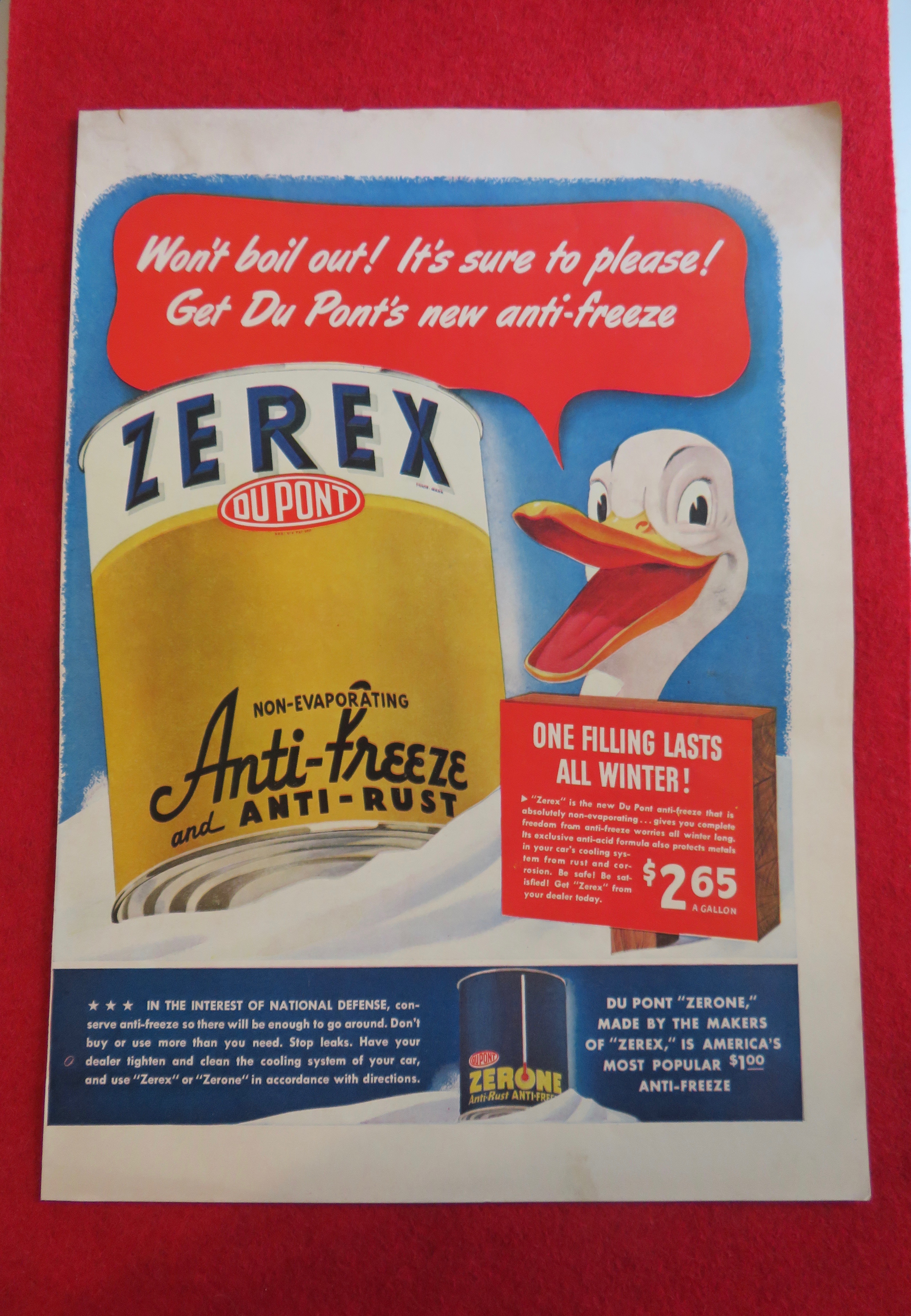 1941 Du Pont Zerex Anti Freeze with Duck Holding Can