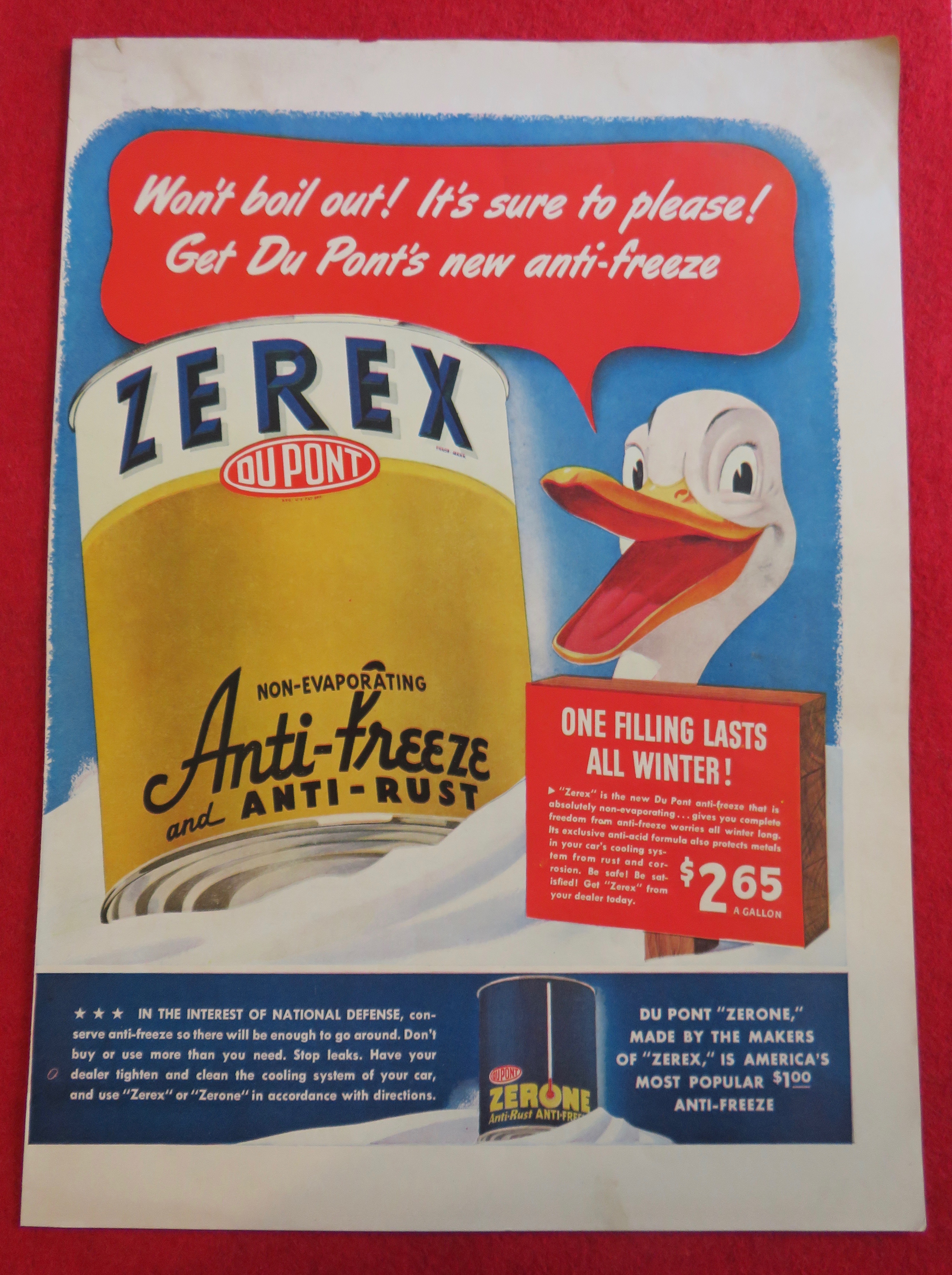 1941 Du Pont Zerex Anti Freeze with Duck Holding Can