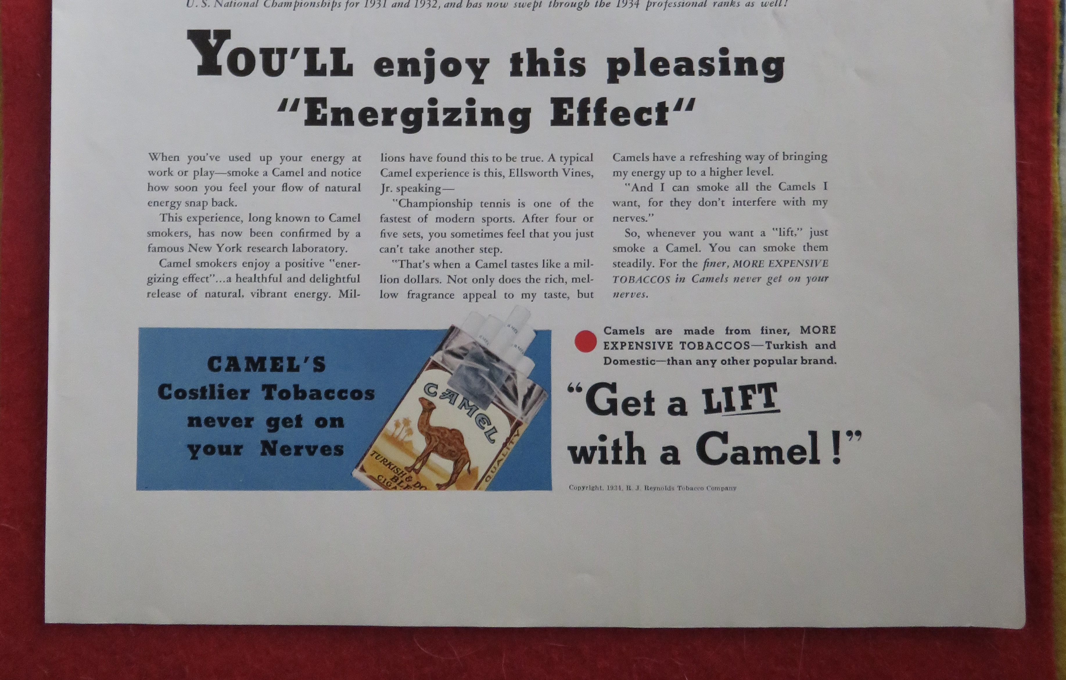 1934 Camel Cigarettes with Tennis' Ellsworth Vines Jr