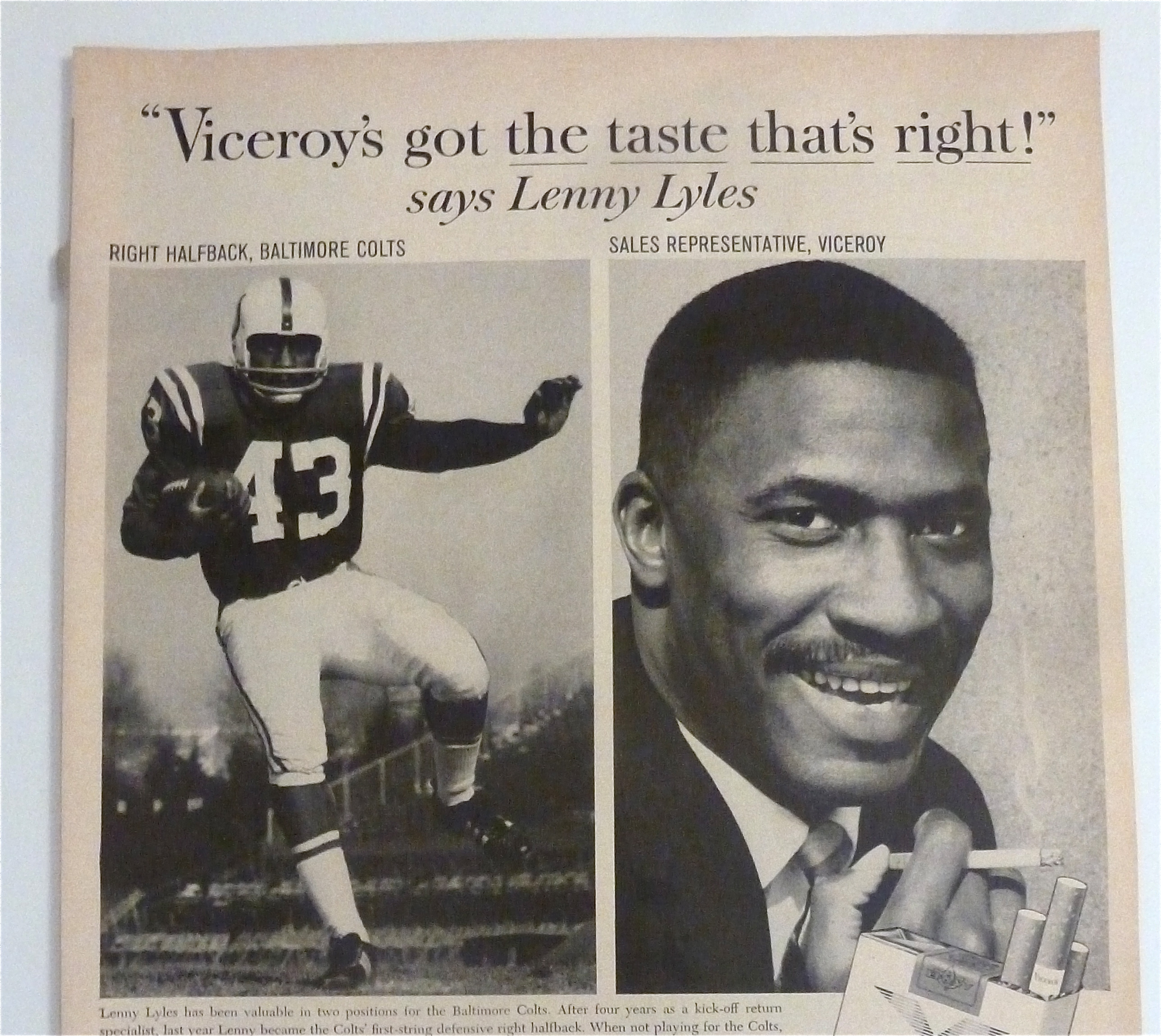 1963 Viceroy Cigarettes with Football's Lenny Lyles
