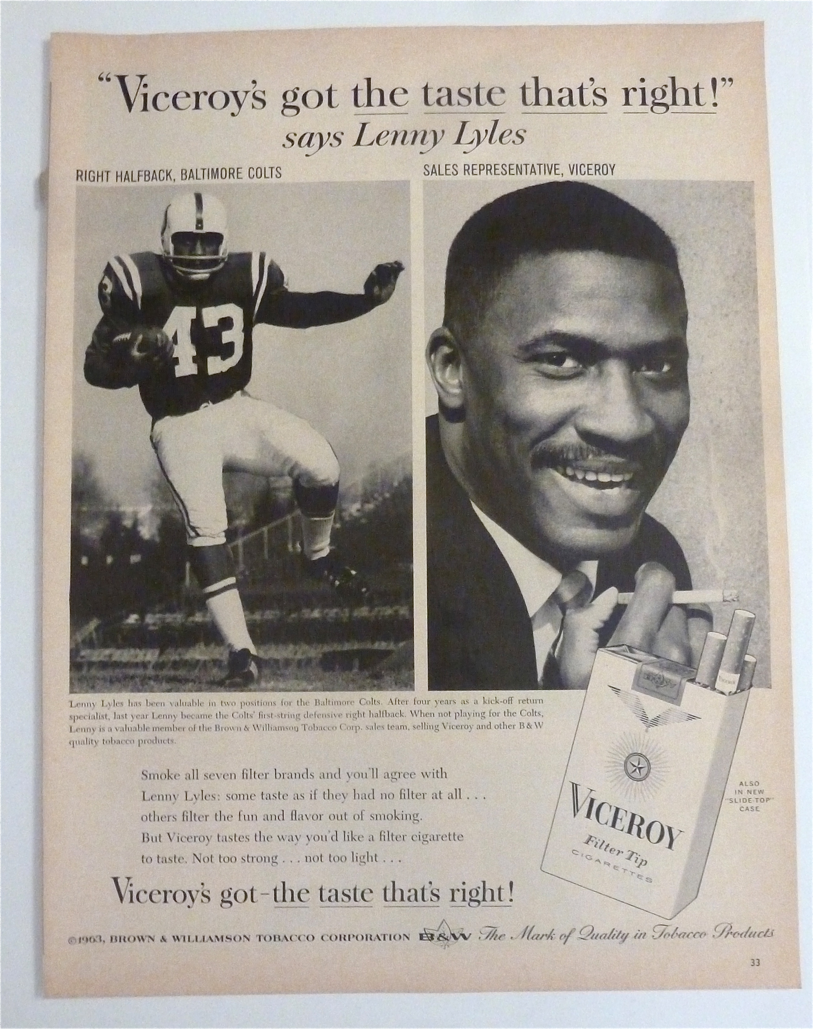1963 Viceroy Cigarettes with Football's Lenny Lyles