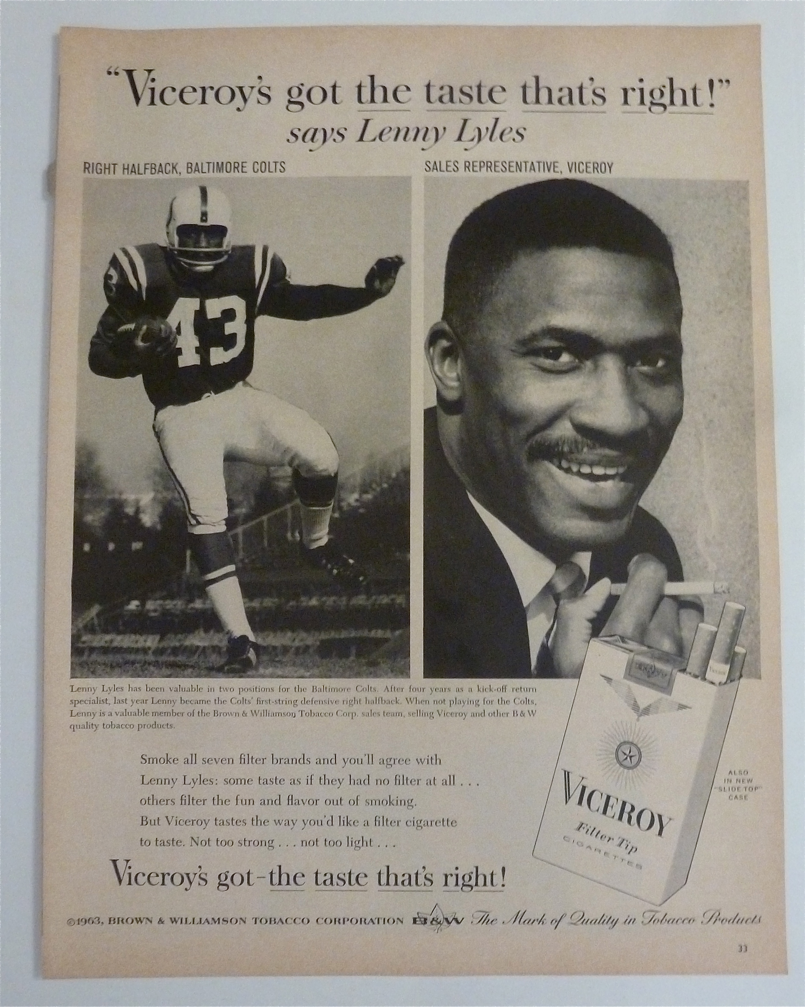 1963 Viceroy Cigarettes with Football's Lenny Lyles