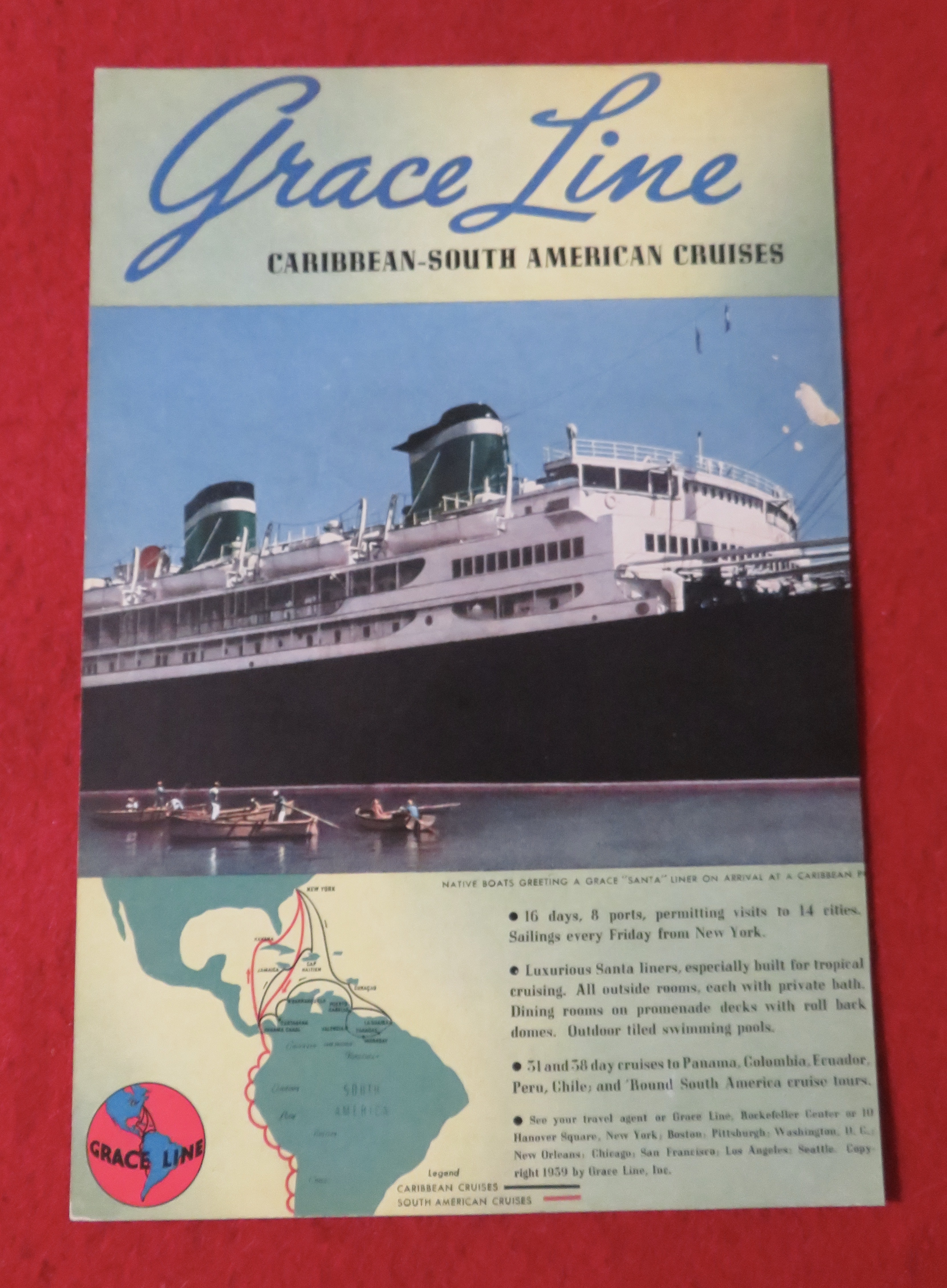 1939 Grace Line Cruises with Native Boats Greeting