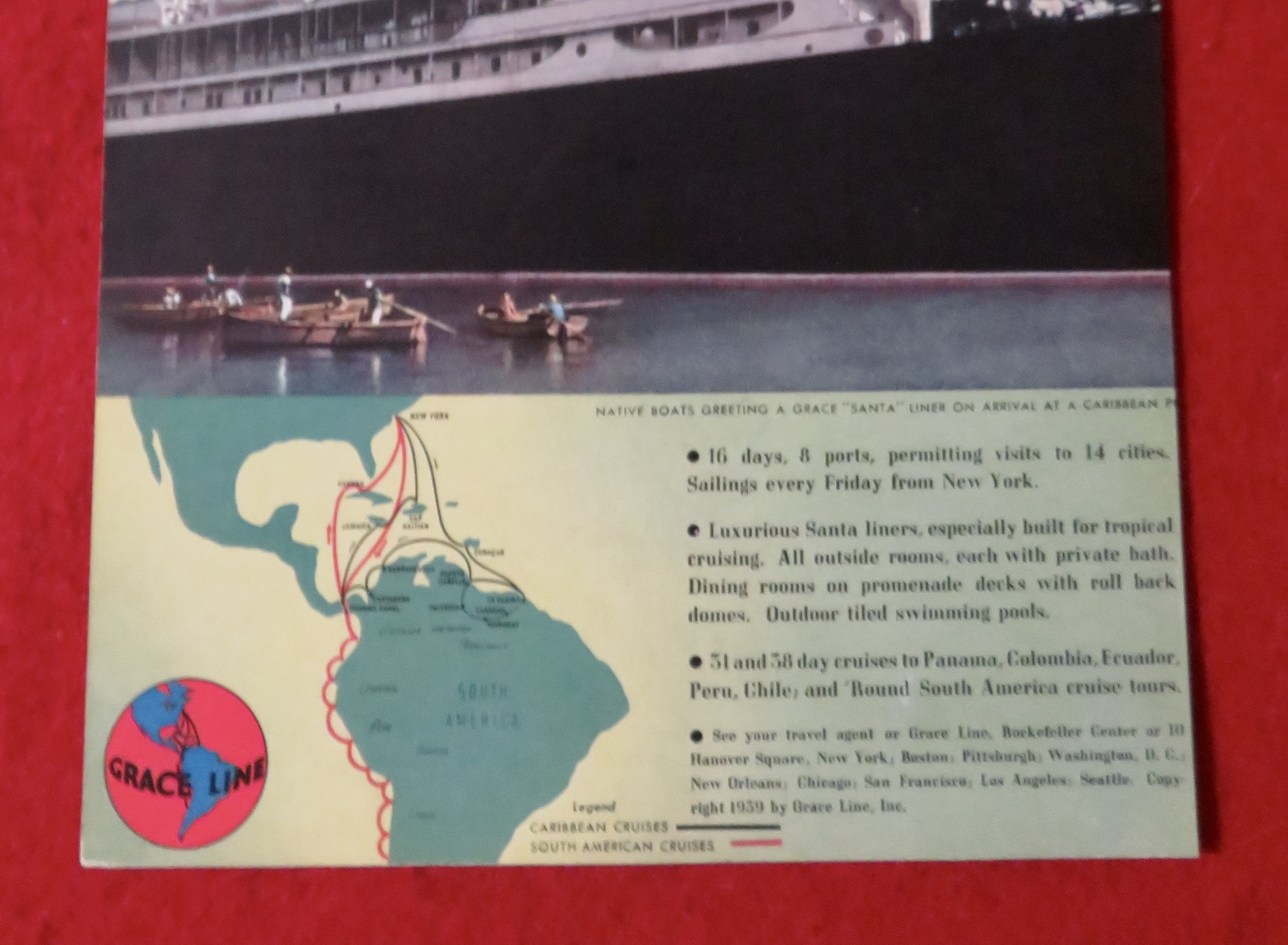 1939 Grace Line Cruises with Native Boats Greeting