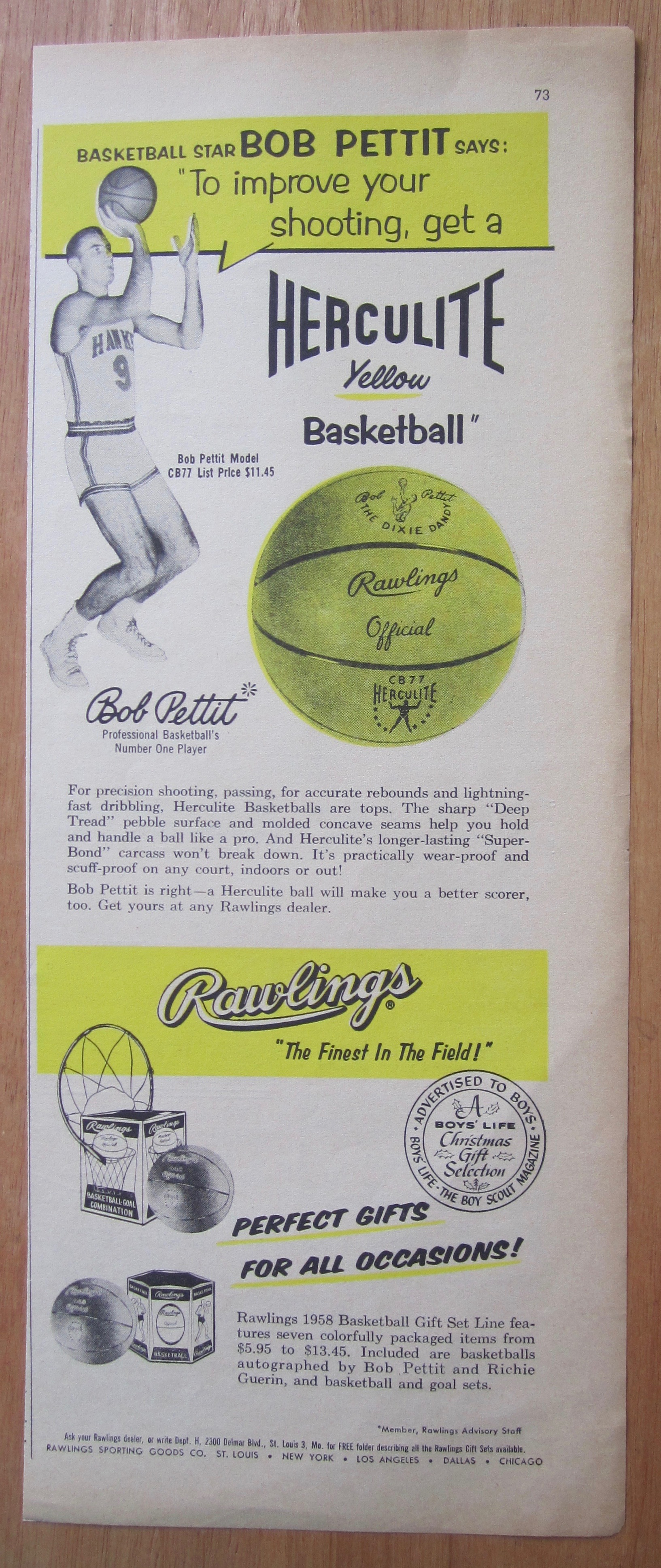 1938 Herculite Yellow Basketball with Bob Pettit