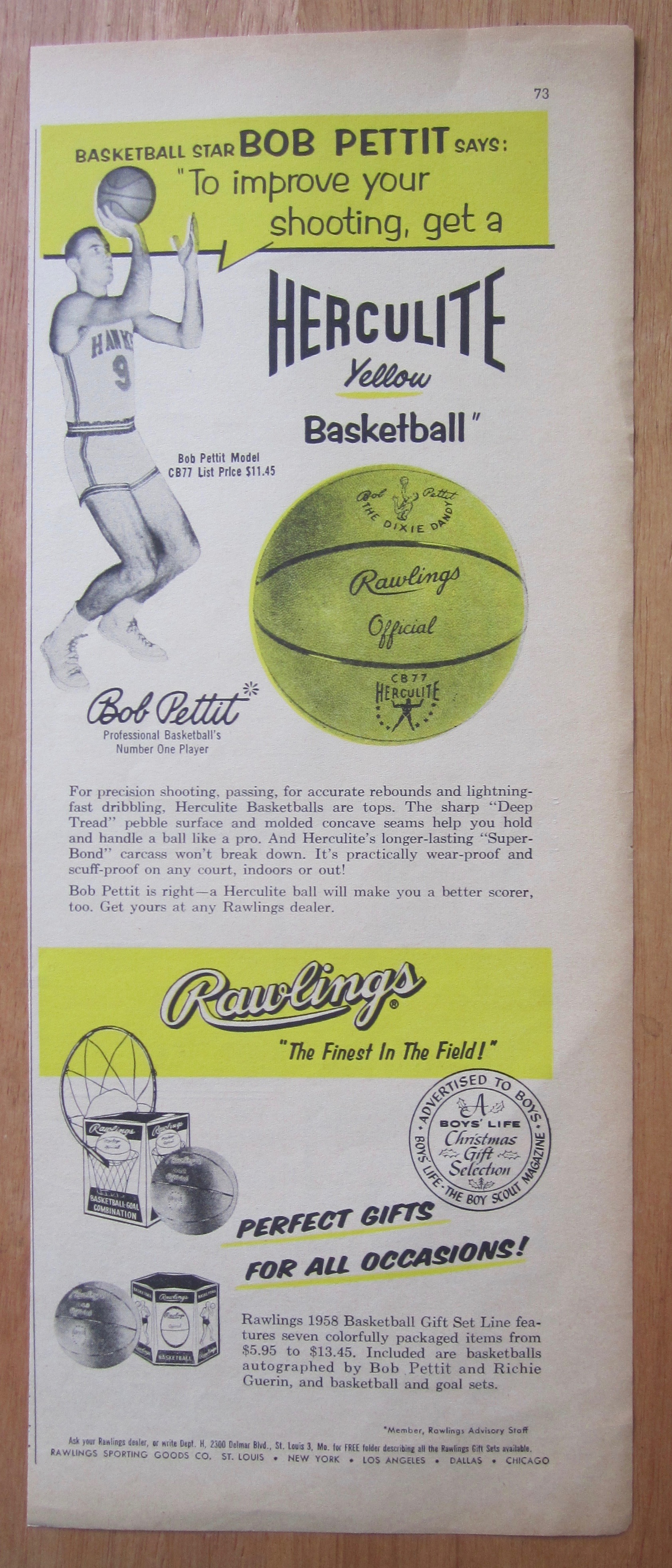 1938 Herculite Yellow Basketball with Bob Pettit