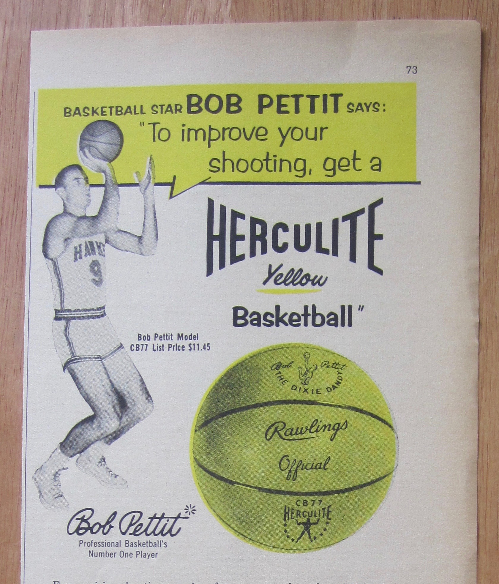 1938 Herculite Yellow Basketball with Bob Pettit