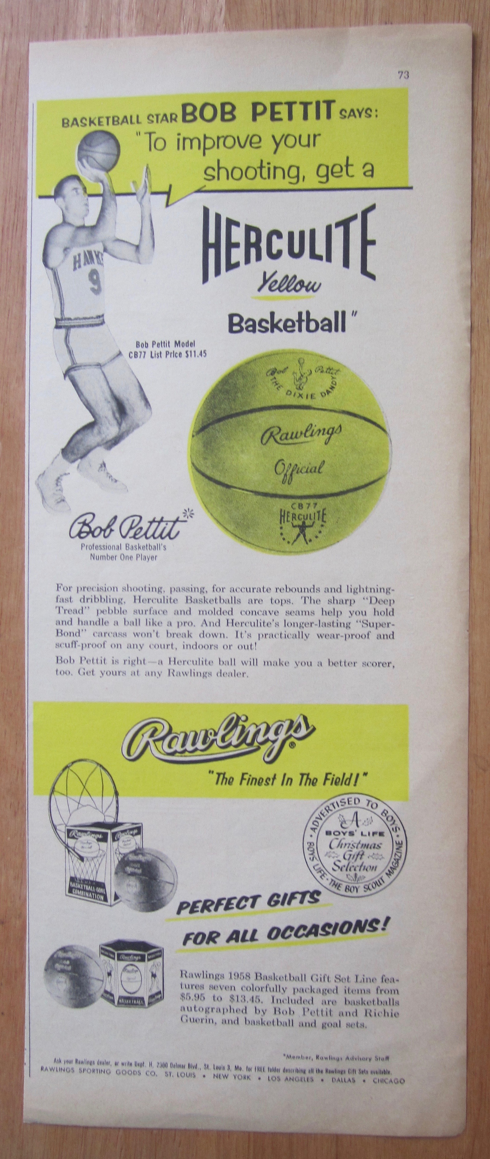 1938 Herculite Yellow Basketball with Bob Pettit
