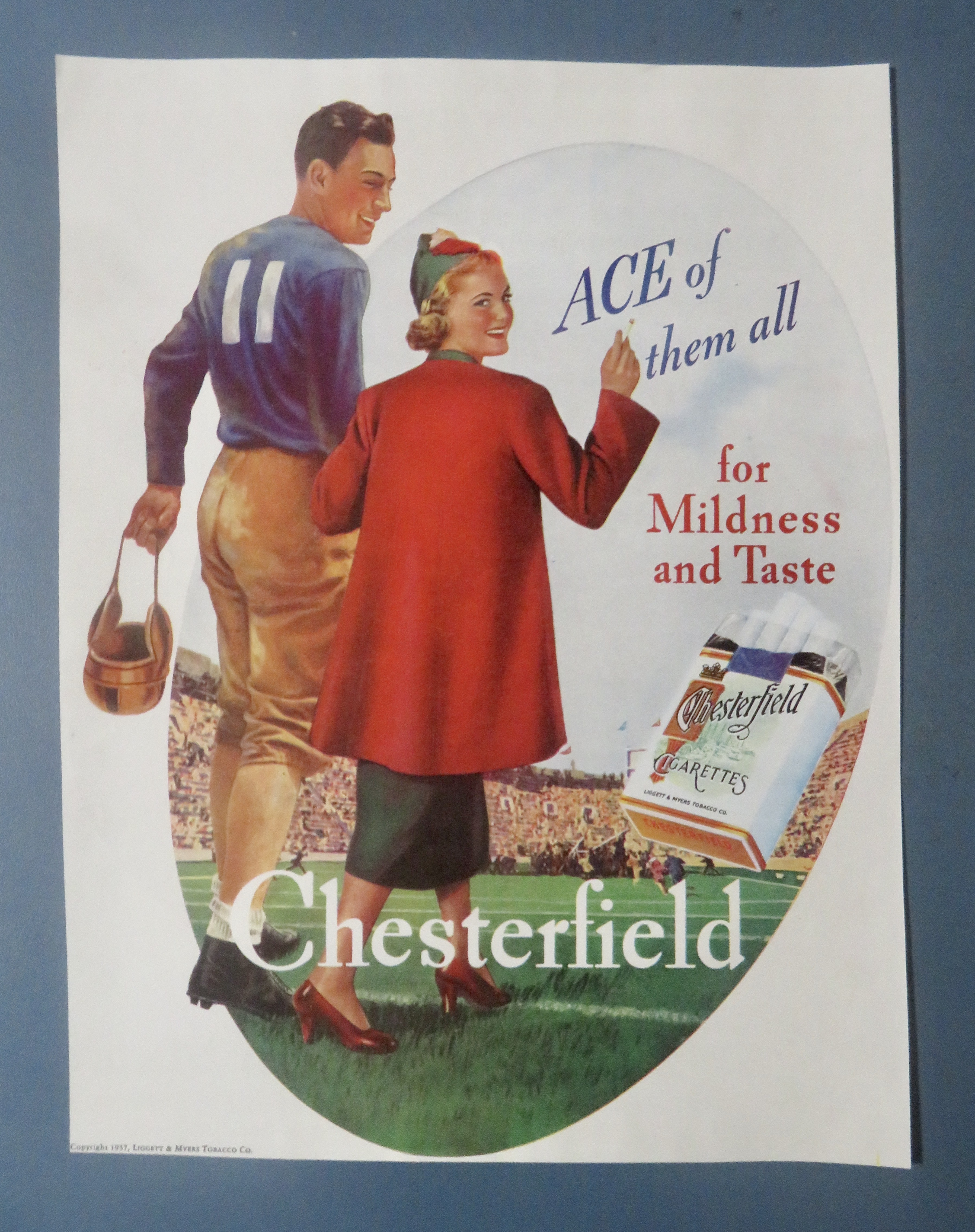 1937 Chesterfield Cigarette with Girl & Football Player
