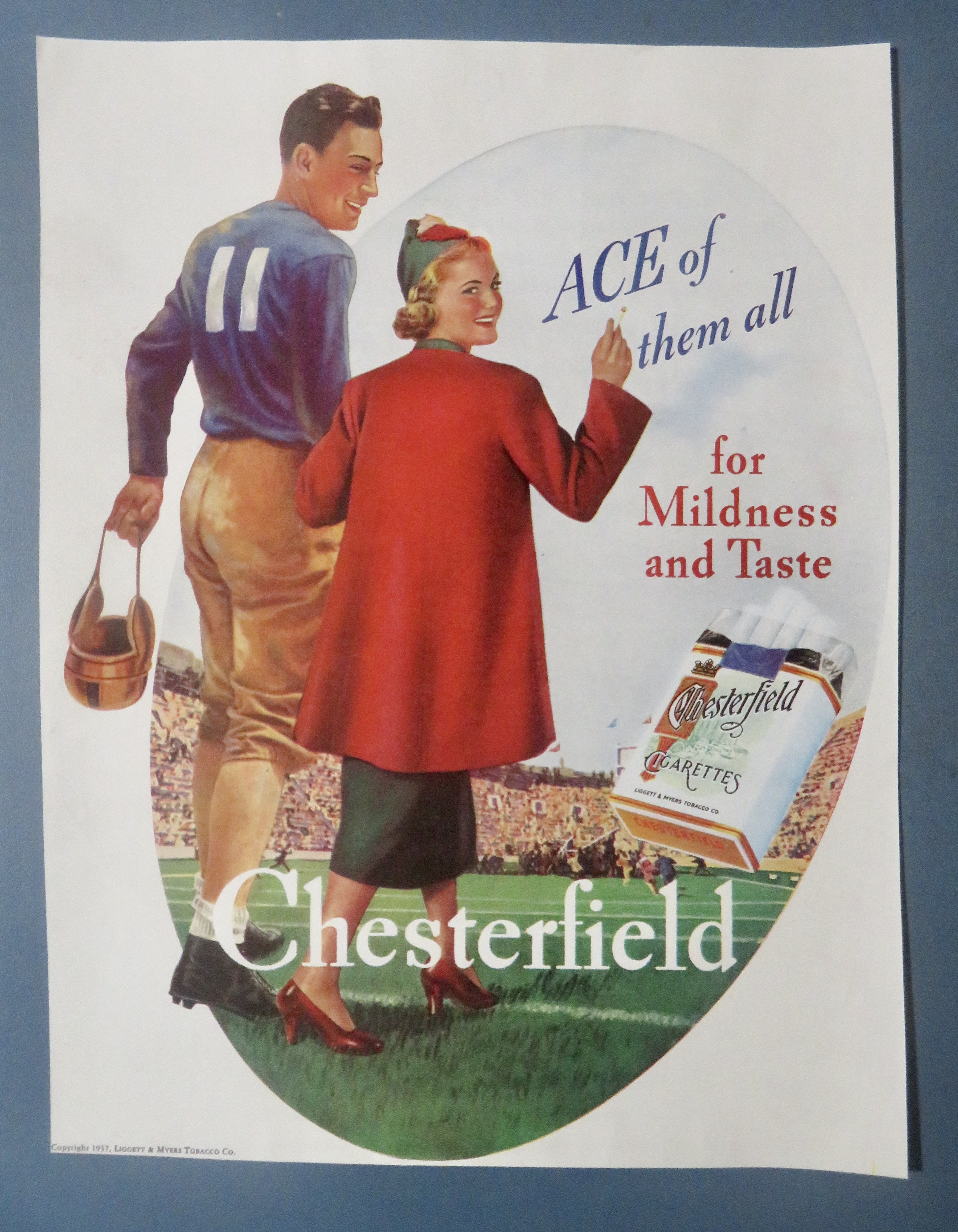 1937 Chesterfield Cigarette with Girl & Football Player