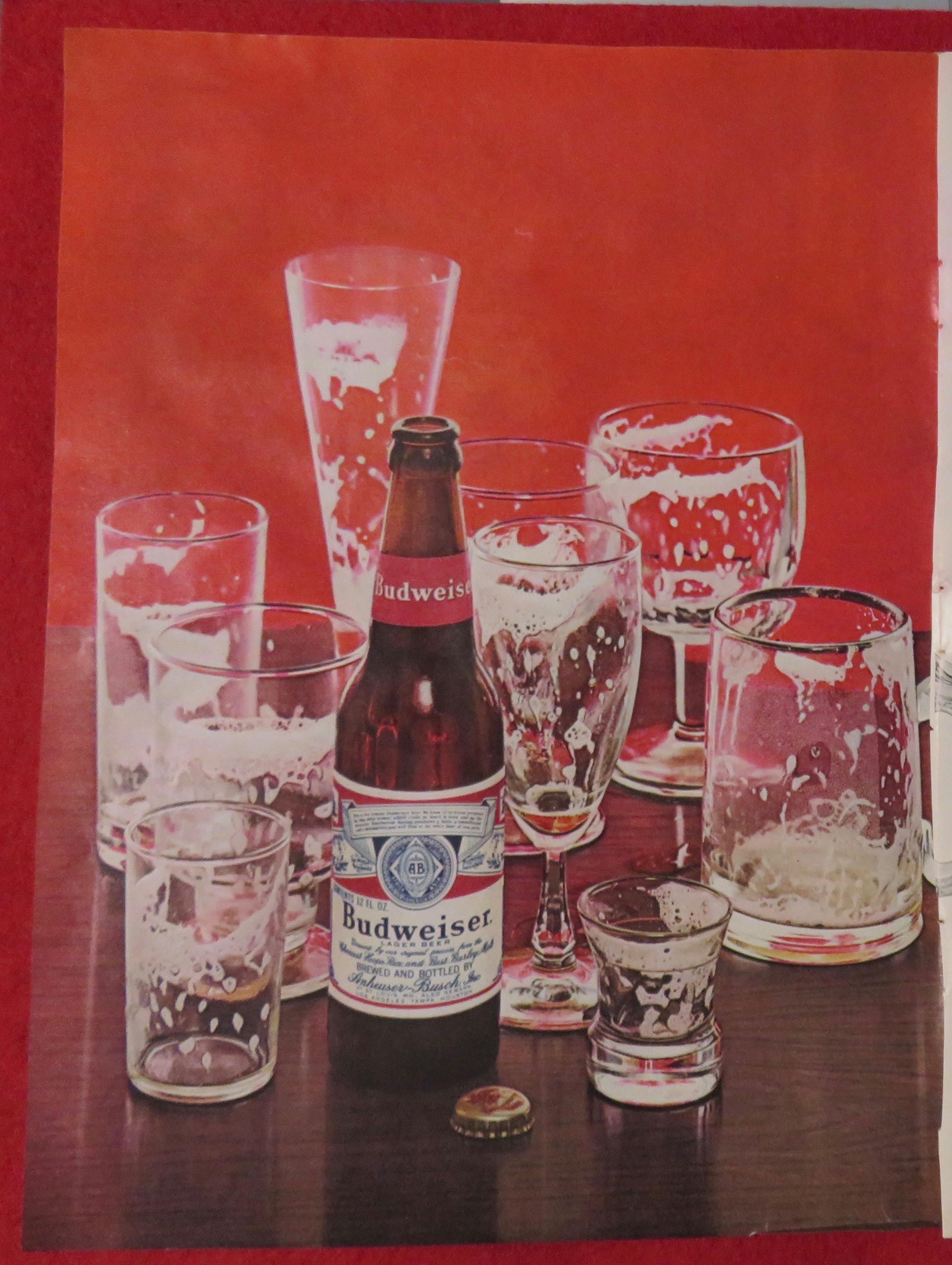 1966 Budweiser Beer with Dirty Glasses & Bottle Of Beer