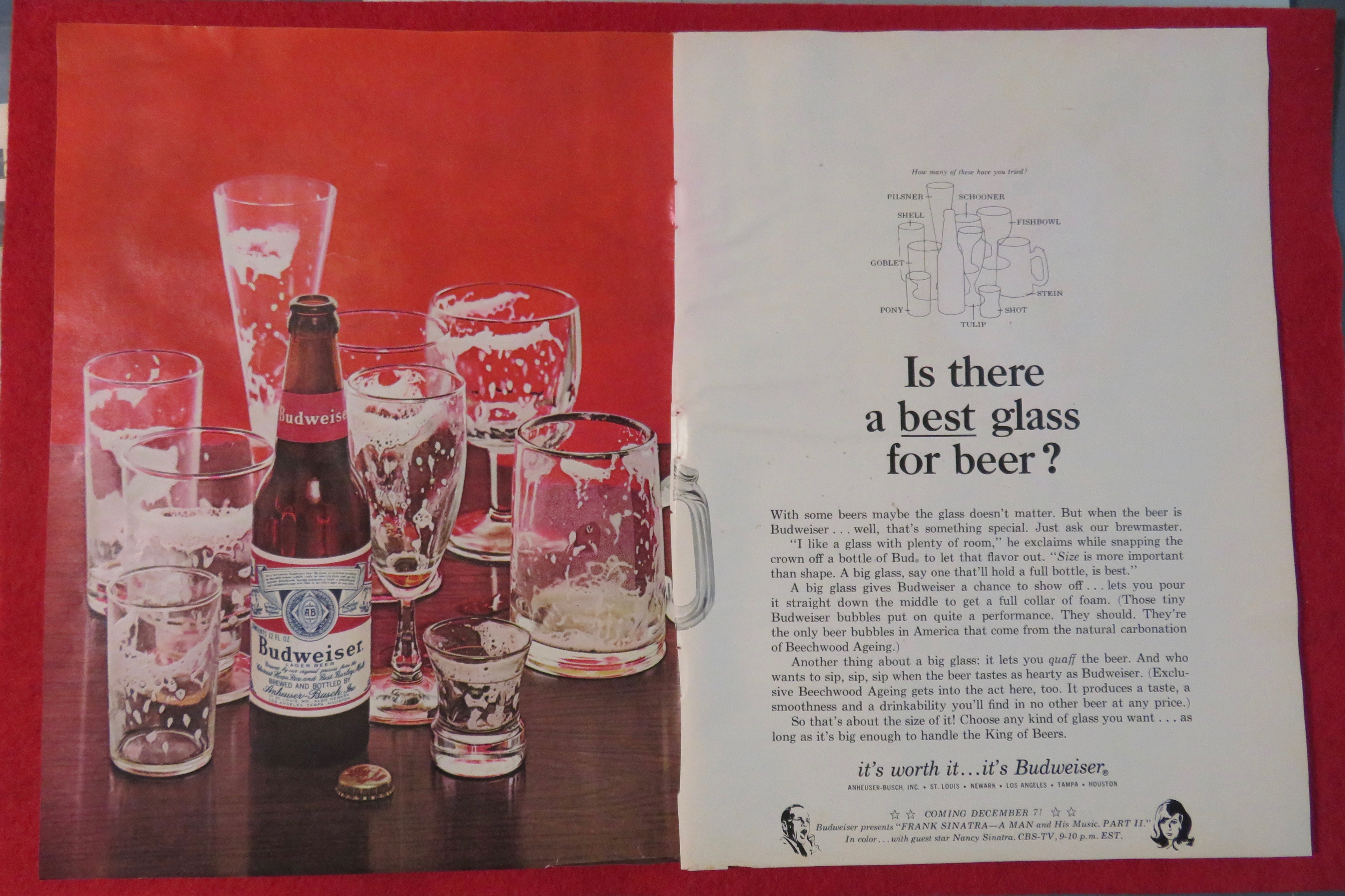 1966 Budweiser Beer with Dirty Glasses & Bottle Of Beer