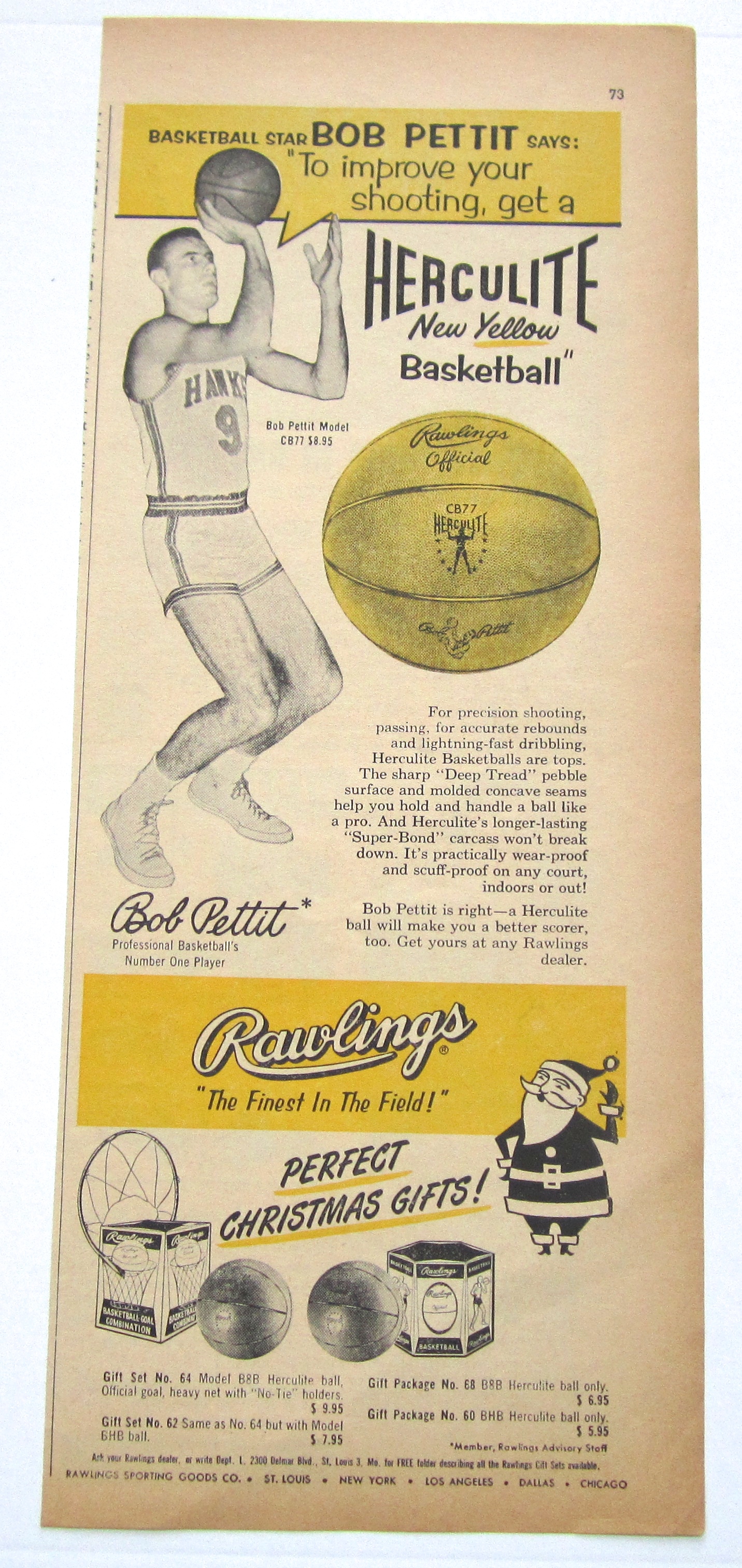 Vintage 1958 Herculite Yellow Basketball W Bob Pettit