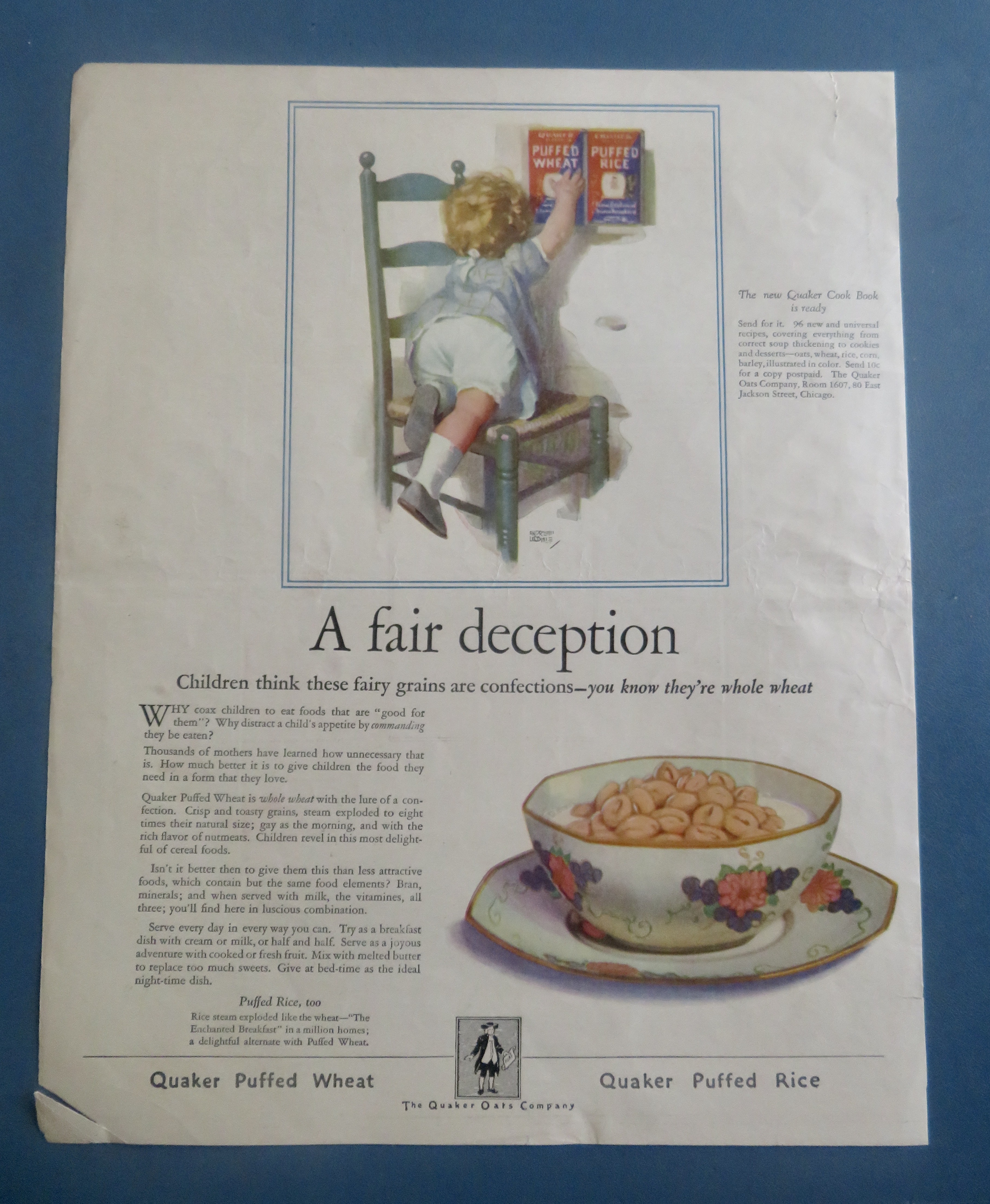 1925 Quaker Puffed Wheat with Child Reaching For Box