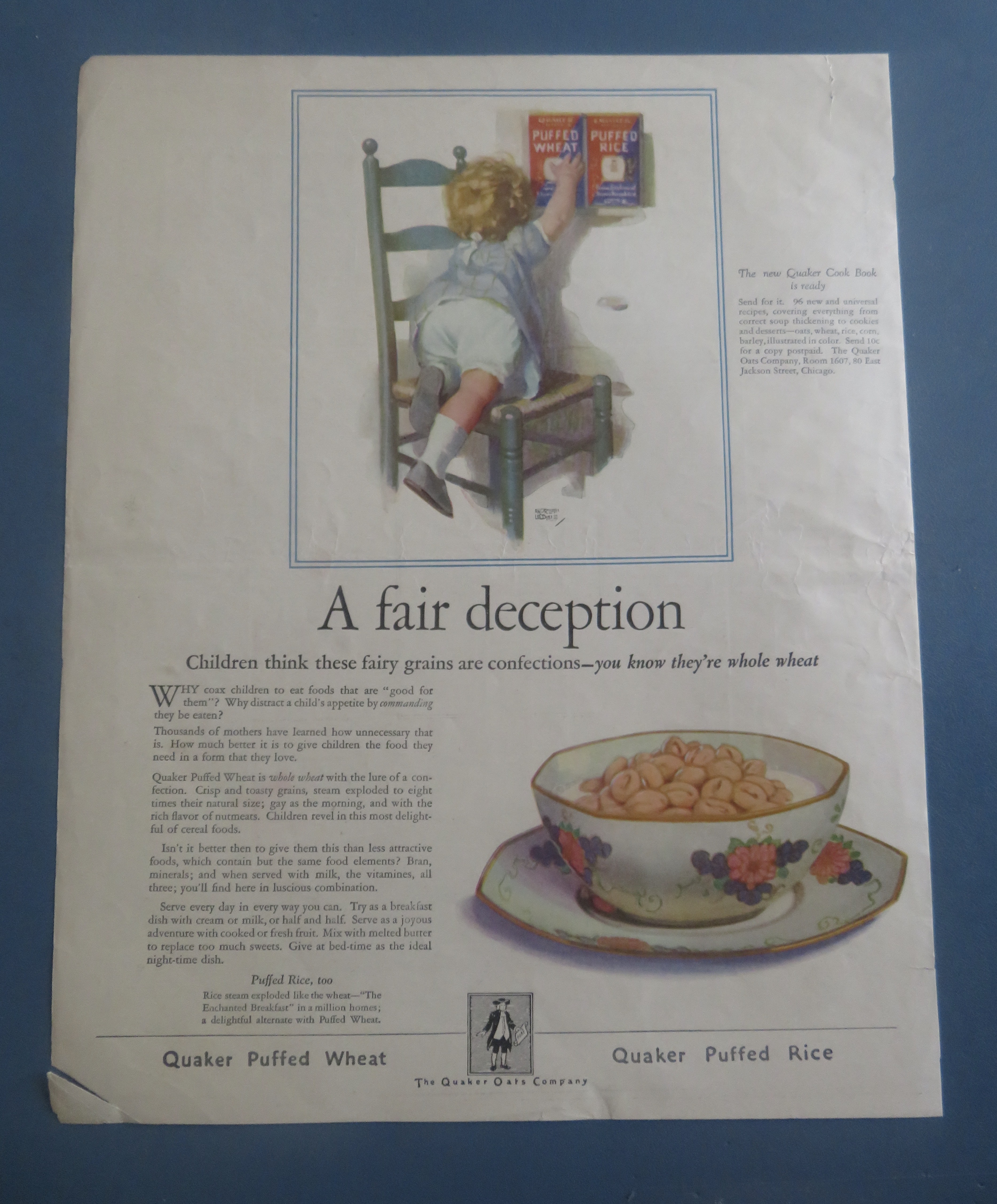 1925 Quaker Puffed Wheat with Child Reaching For Box