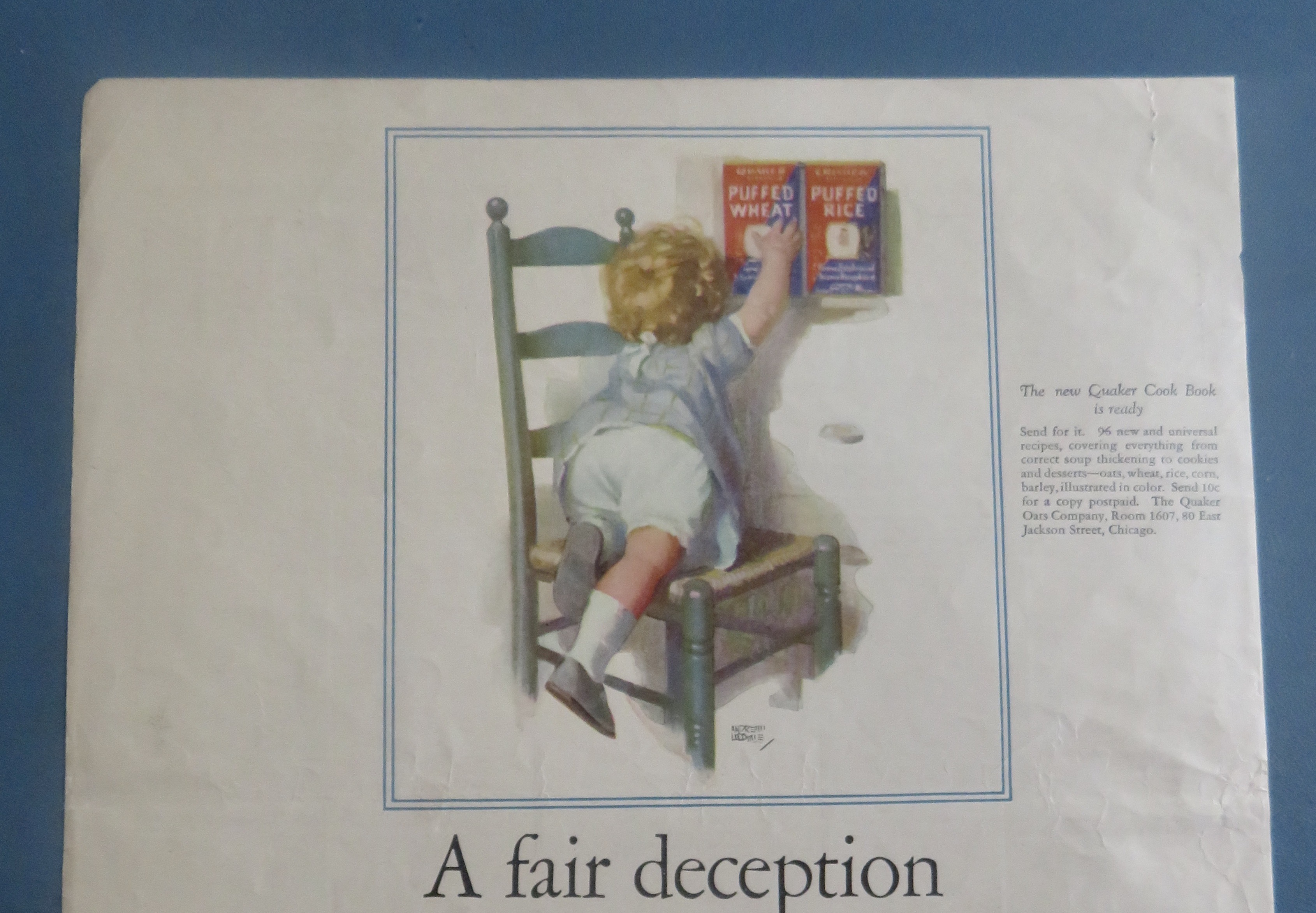 1925 Quaker Puffed Wheat with Child Reaching For Box