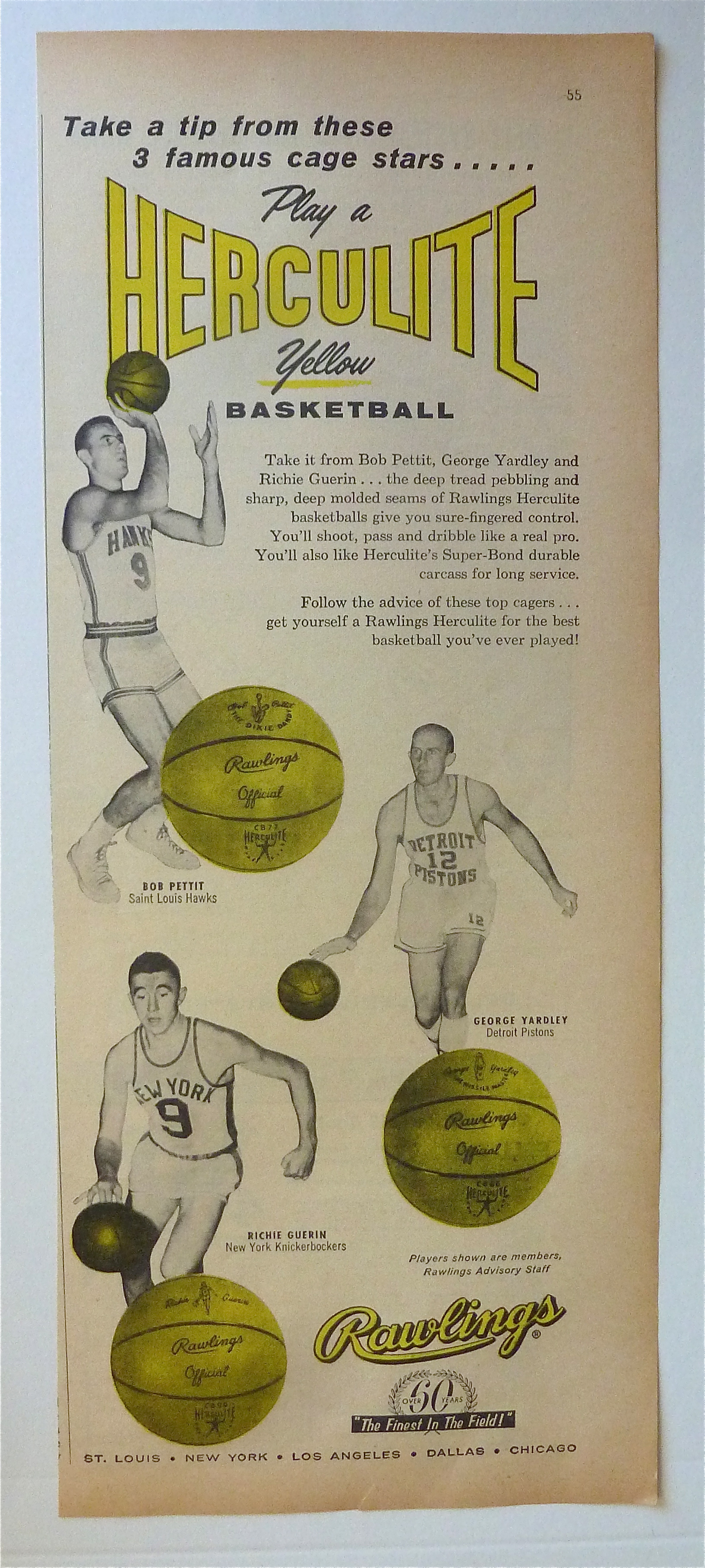 1958 Rawlings Herculite Yellow Basketball w/Bob Pettit