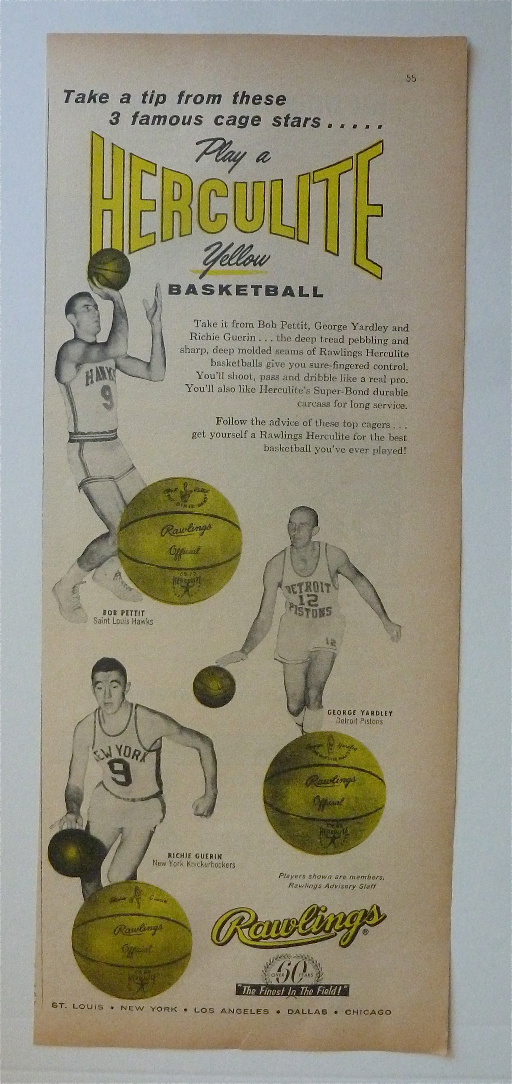 1958 Rawlings Herculite Yellow Basketball w/Bob Pettit