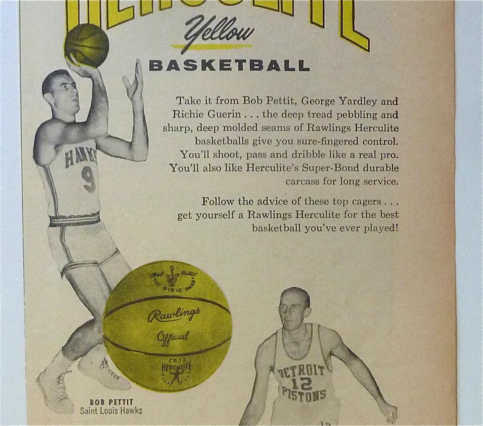 1958 Rawlings Herculite Yellow Basketball w/Bob Pettit