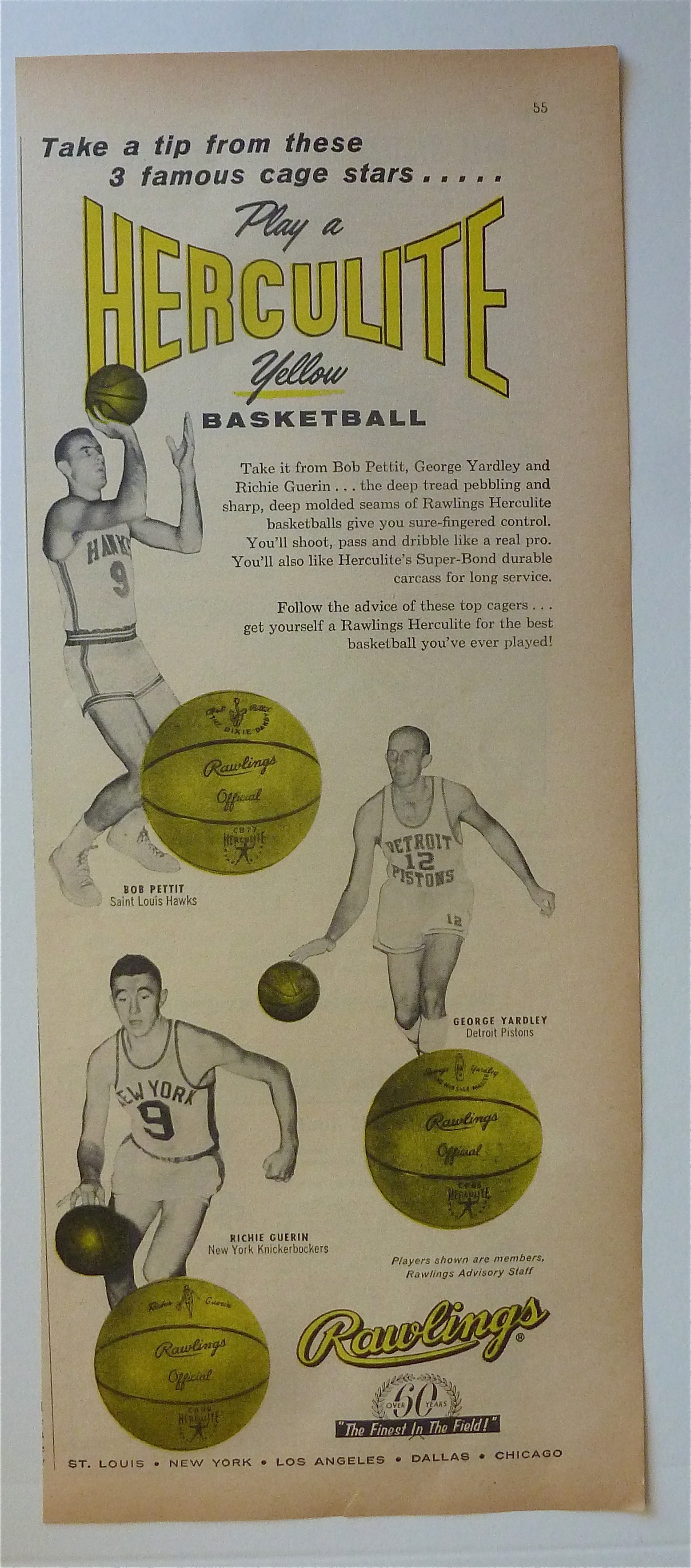 1958 Rawlings Herculite Yellow Basketball w/Bob Pettit