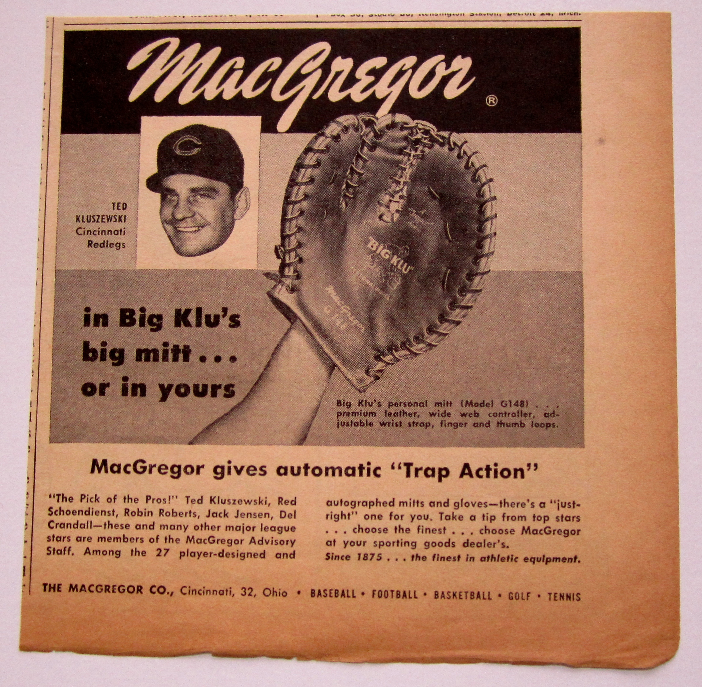 Vintage 1958 MacGregor Big Klu's Big Mitt W/Kluszewski