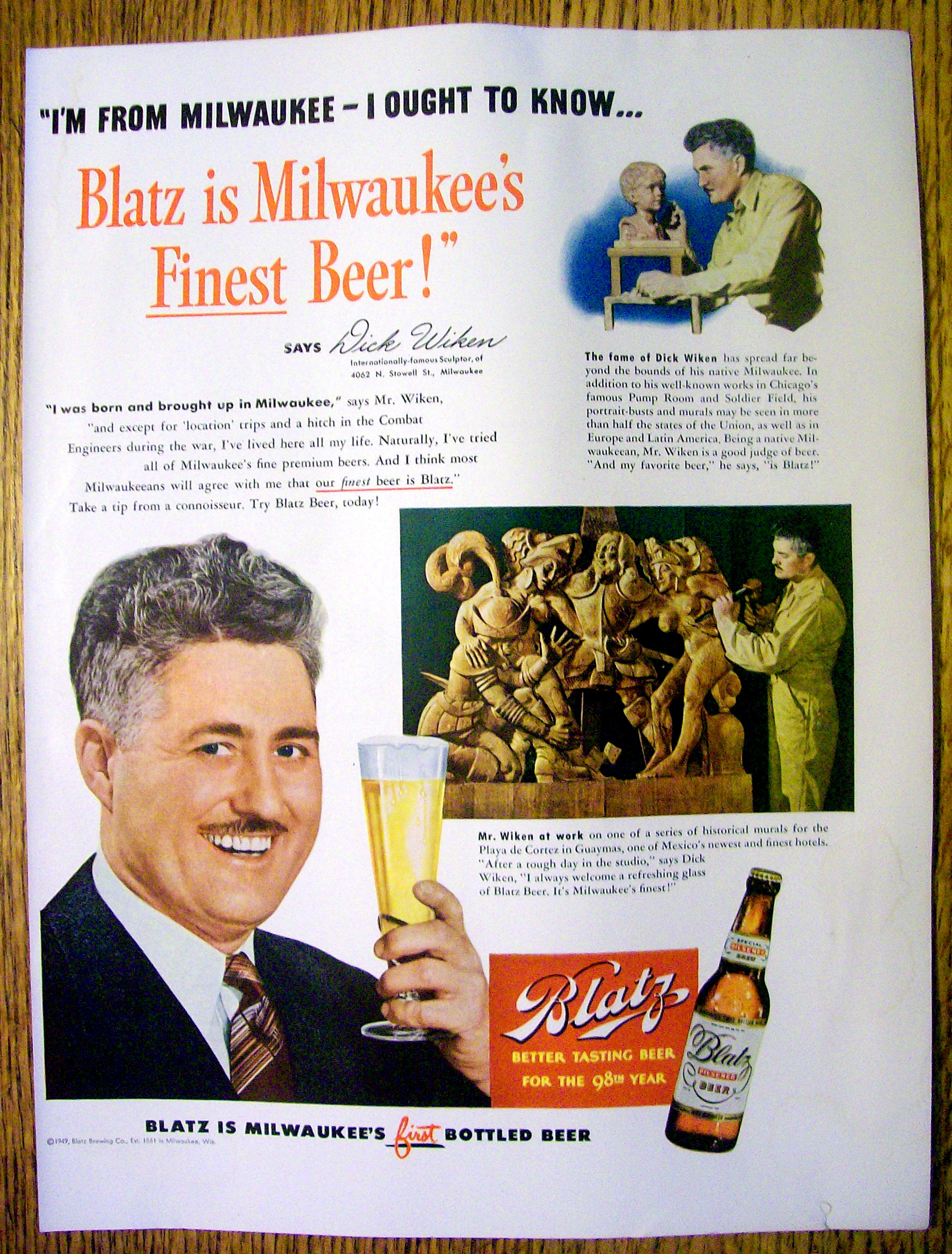 Vintage Ad: 1949 Blatz Beer with Sculptor Dick Wiken