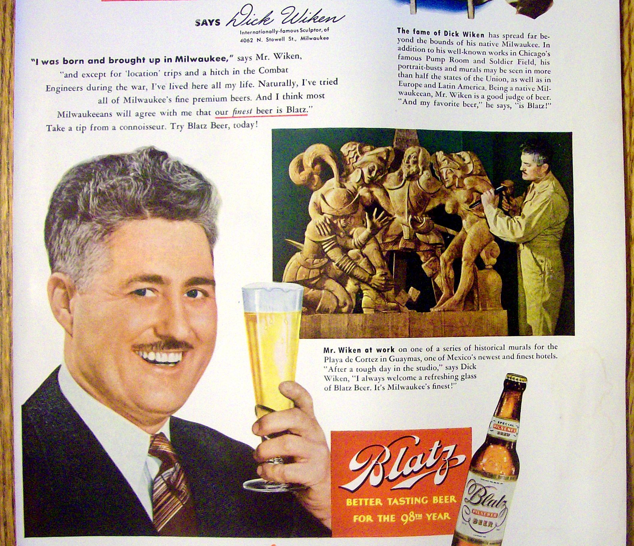 Vintage Ad: 1949 Blatz Beer with Sculptor Dick Wiken