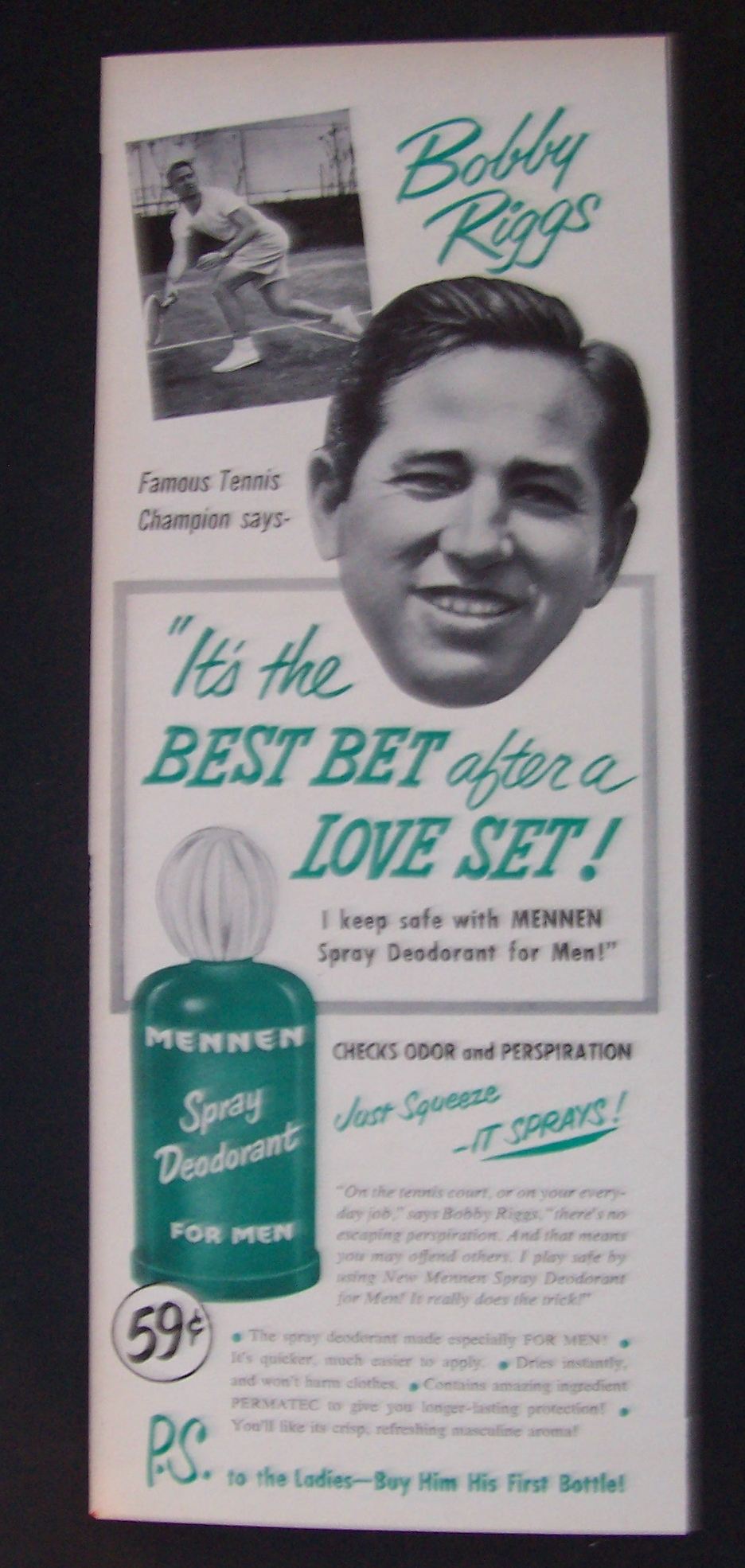 1951  Mennen Spray Deodorant  with  Bobby  Riggs