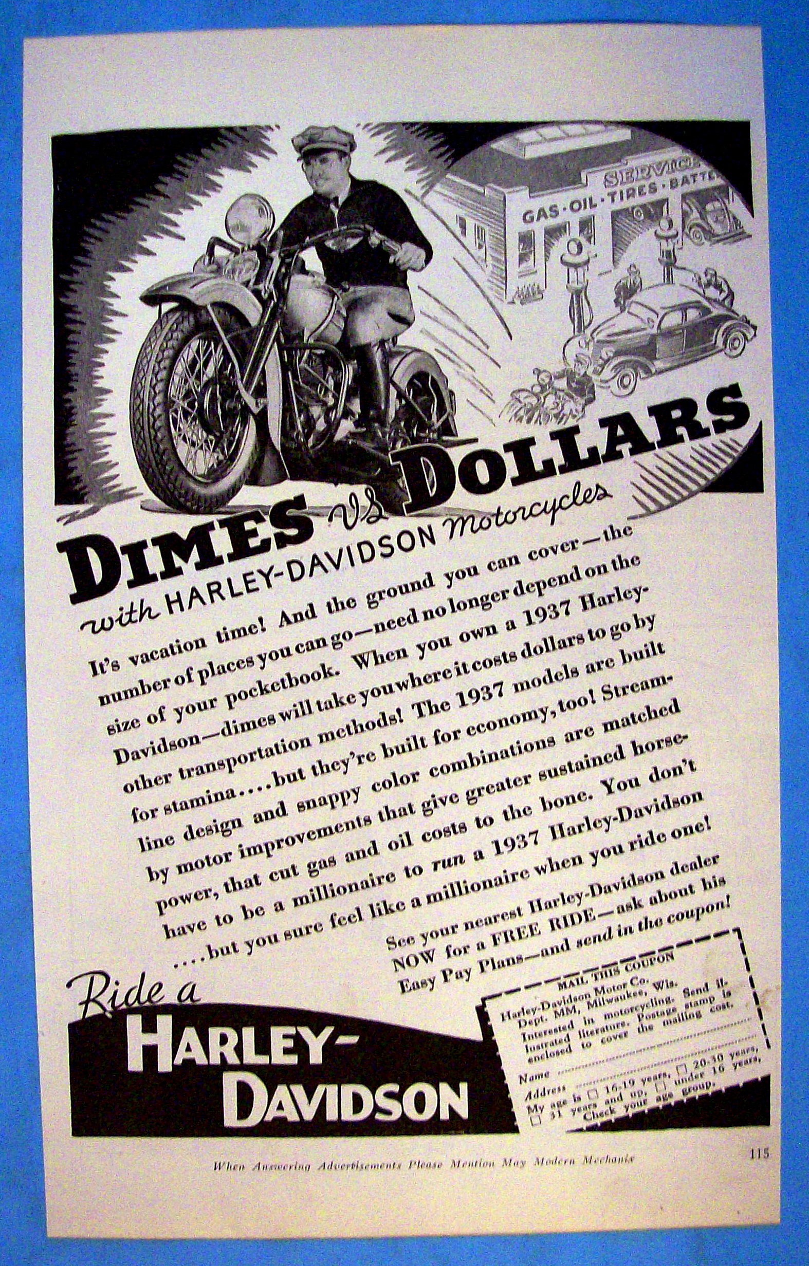 1937 Harley Davidson Motorcycle with Man & Motorcycle