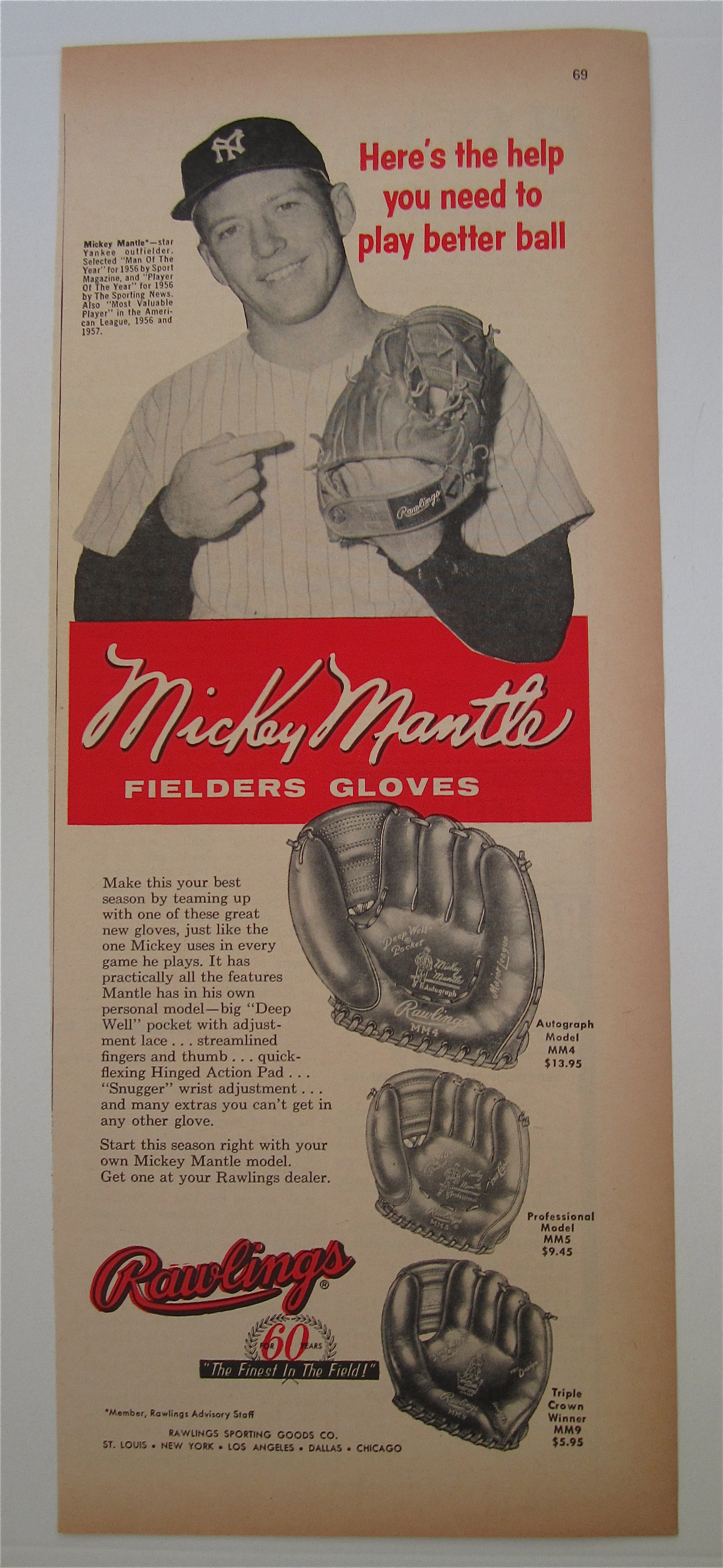 1958 Rawlings Fielders Glove With Mickey Mantle
