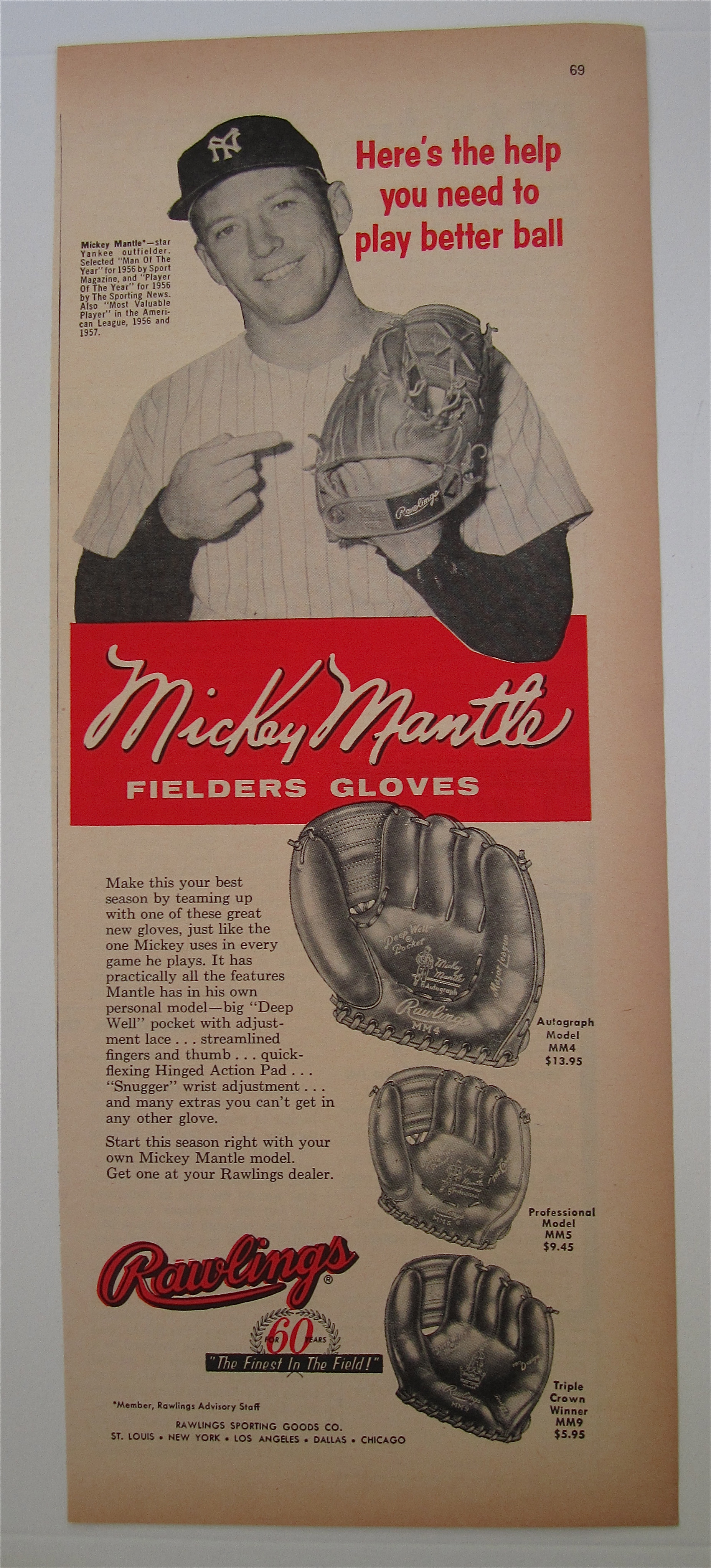 1958 Rawlings Fielders Glove With Mickey Mantle