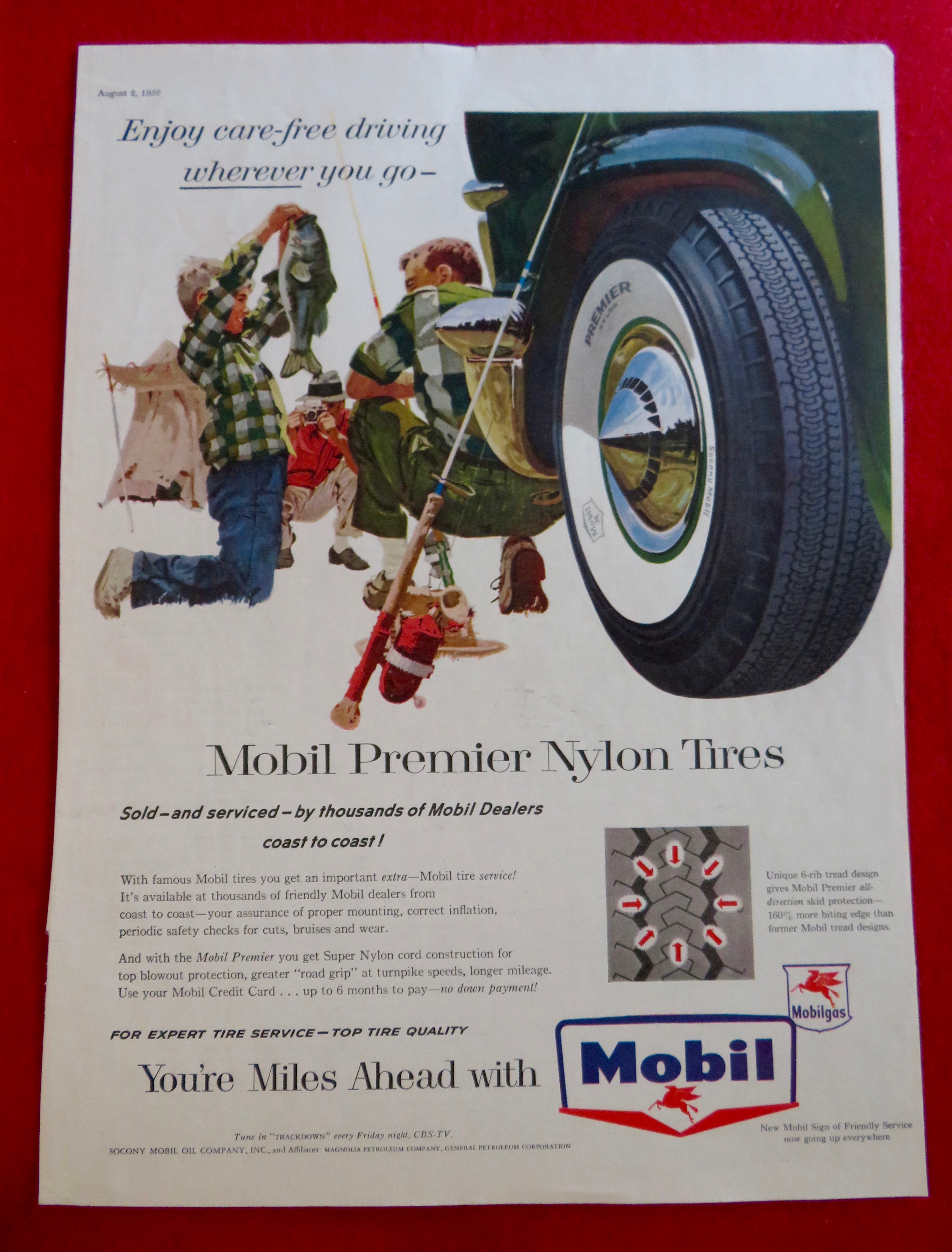 1958 Mobil Premier Nylon Tires with Man & Boy Fishing
