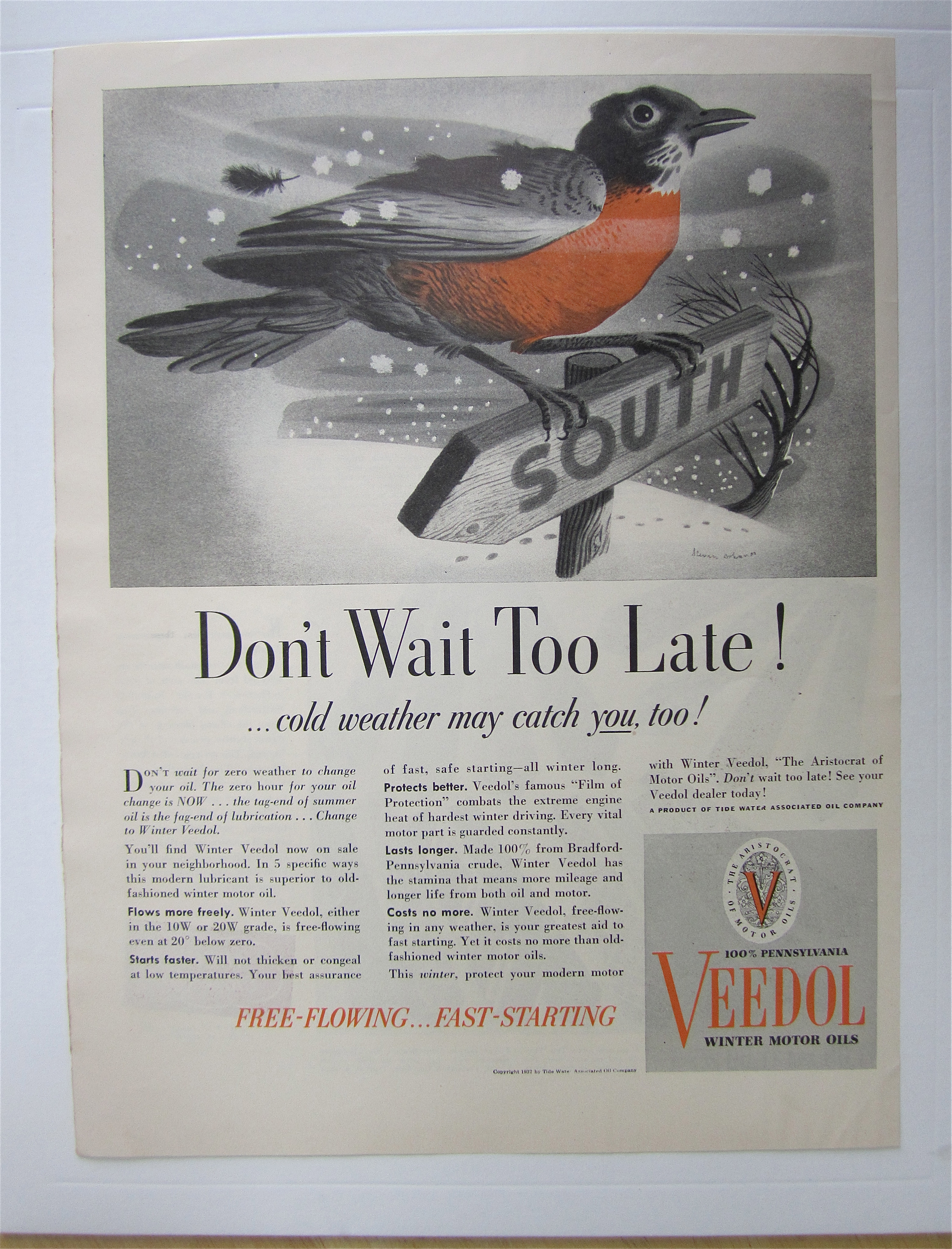 1937 Veedol Motor Oil with Bird on a Sign in the Snow