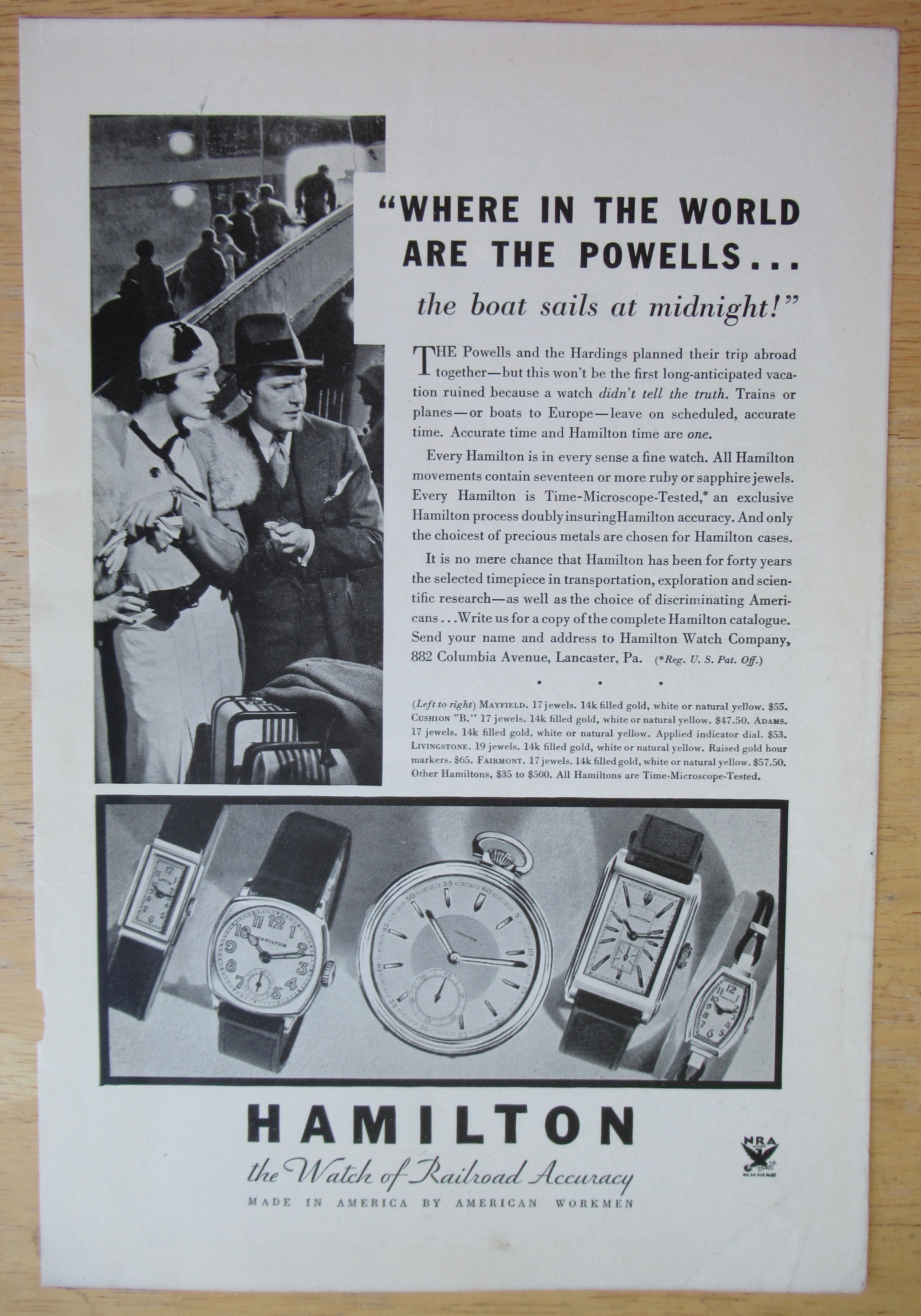 1934 Hamilton Watches with Man & Woman Traveling