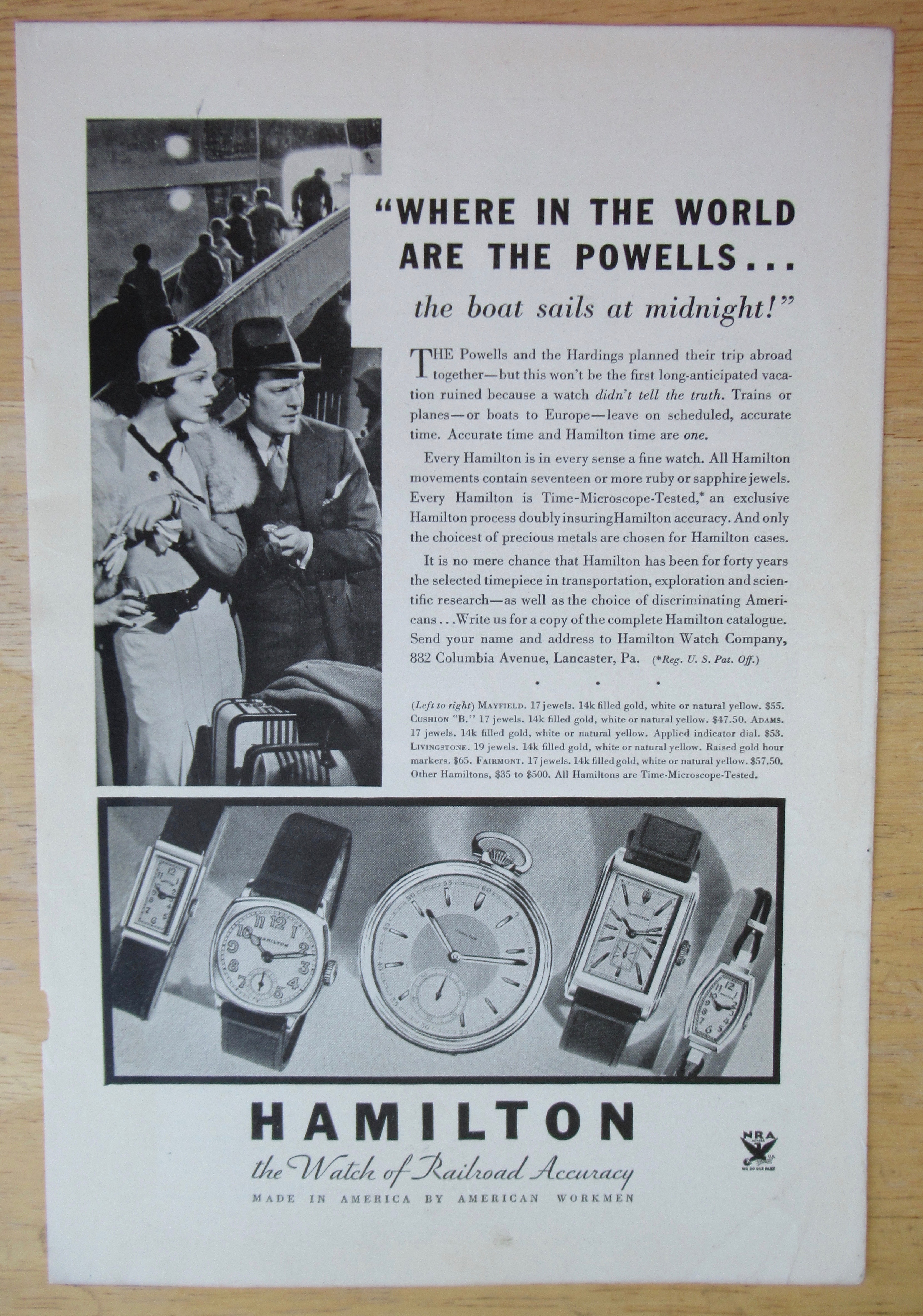 1934 Hamilton Watches with Man & Woman Traveling
